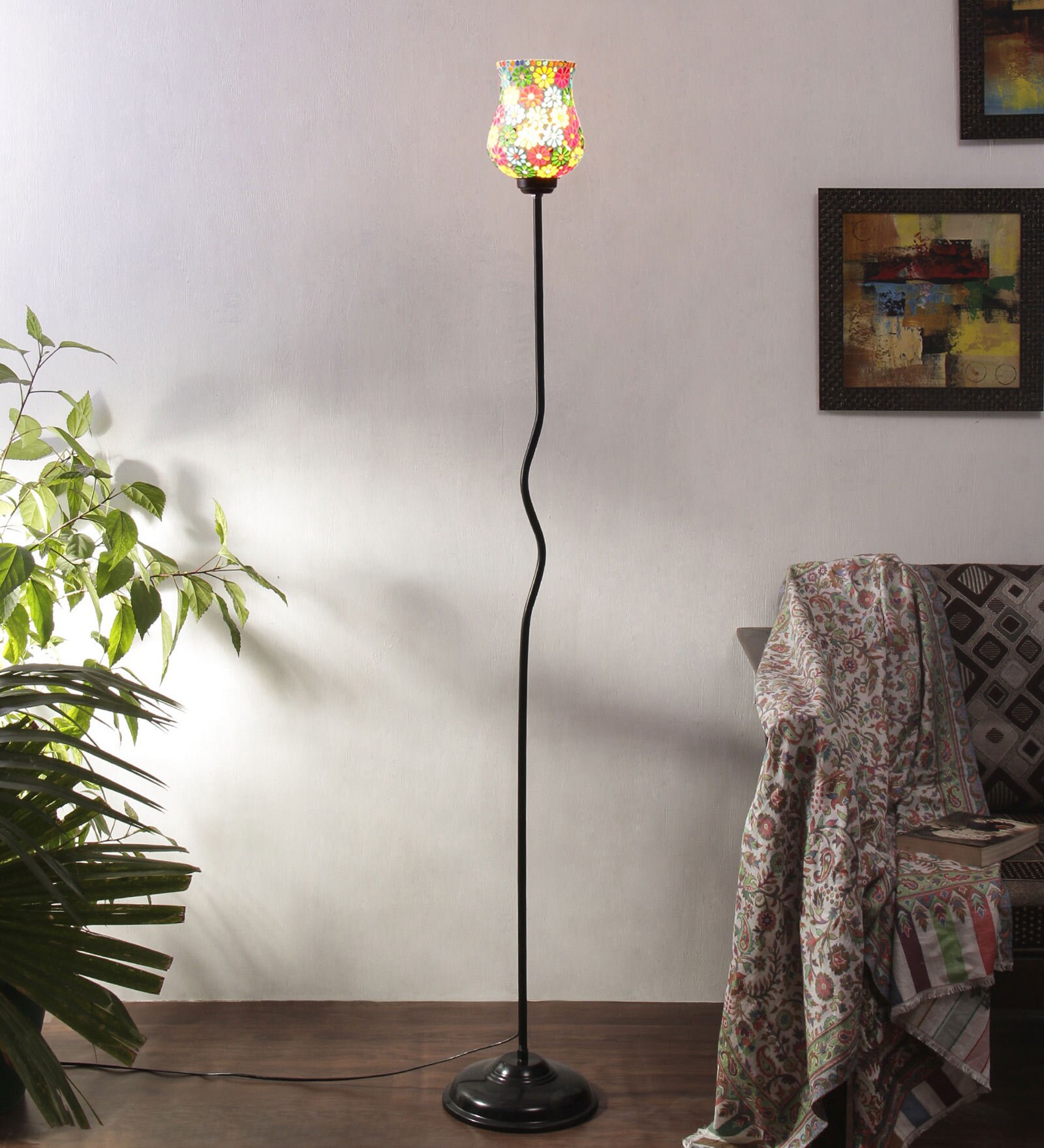 Buy Designer Wrought Multicolor Glass Shade Floor Lamp with Black Base
