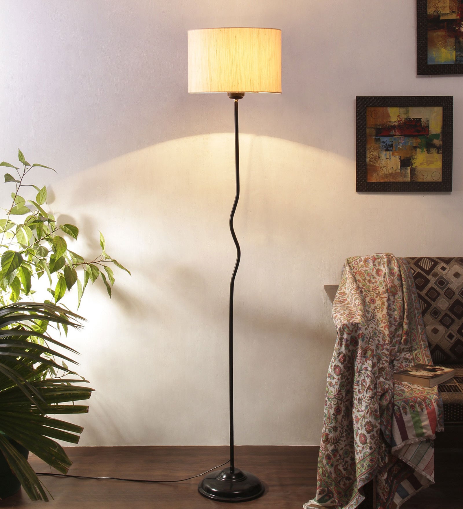 Raphael Off White Cotton Shade Club Floor Lamp With Iron Base