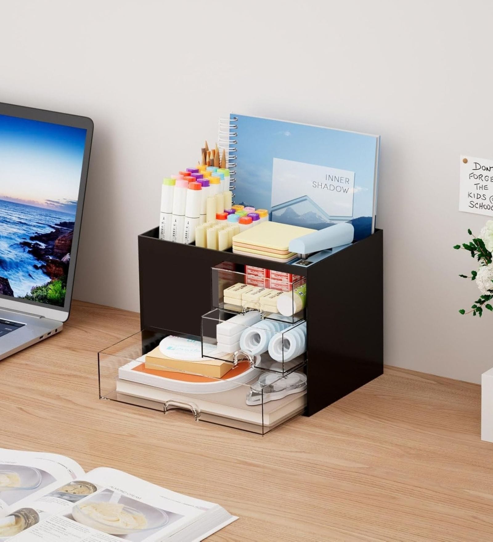 Black Desk Organizer with 3 Drawers 3-Tier Storage Box with 5 Compartments