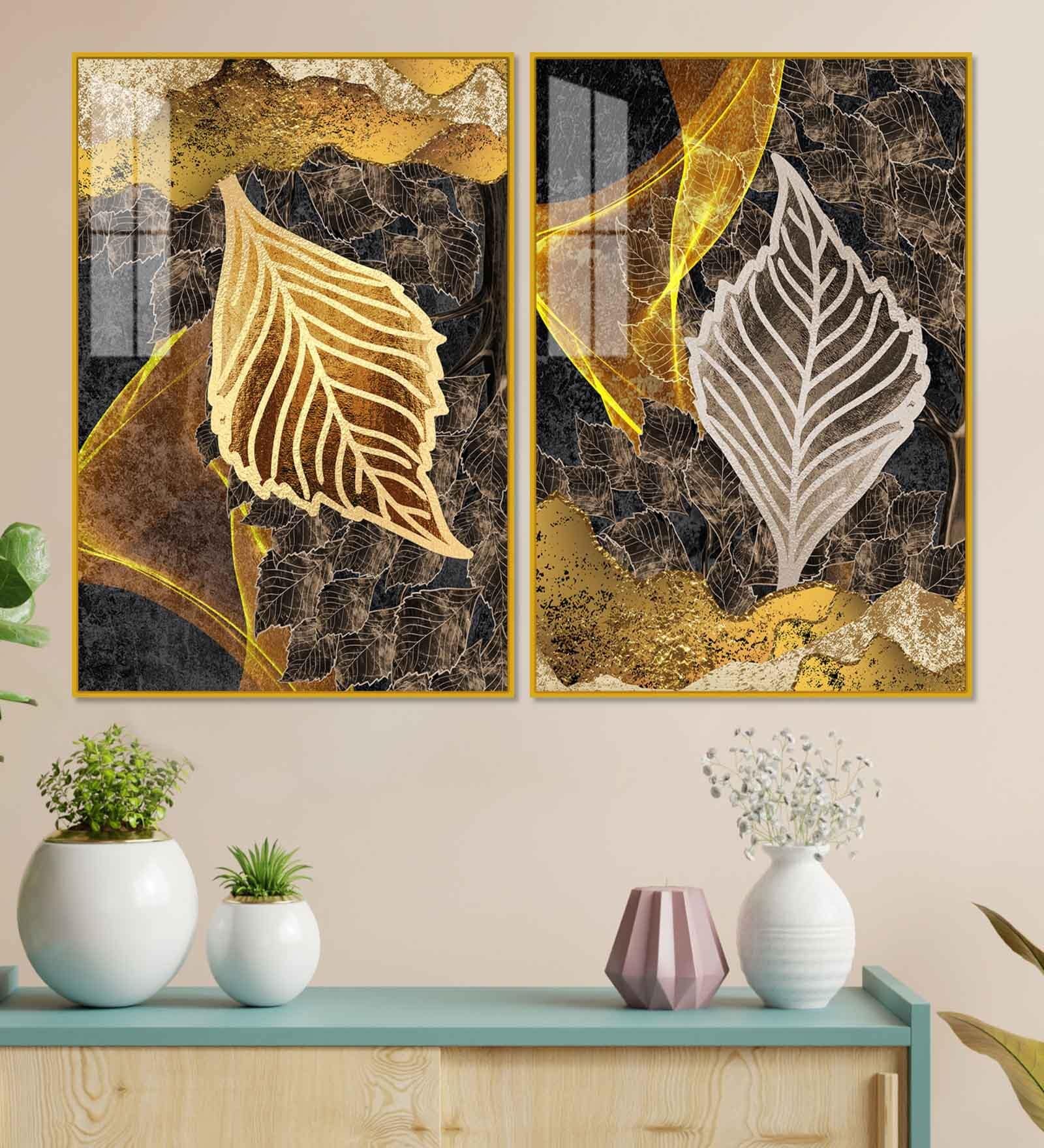 Detailed Leaves Acrylic Framed Art Panel (Set Of 2)