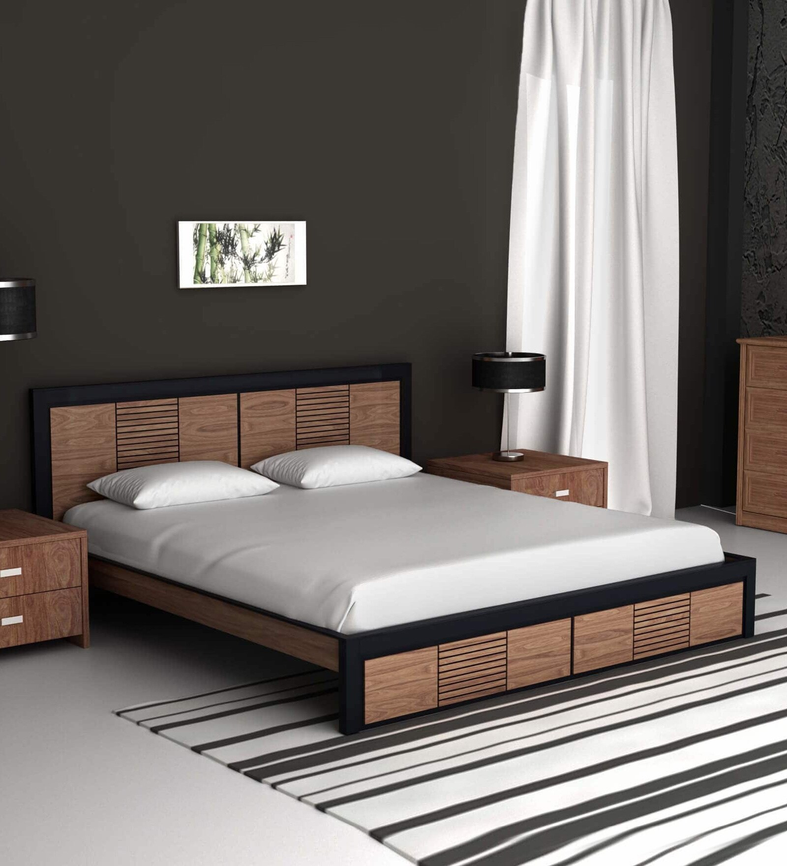 Deux Solid Wood King Size Bed In Dual Tone Finish