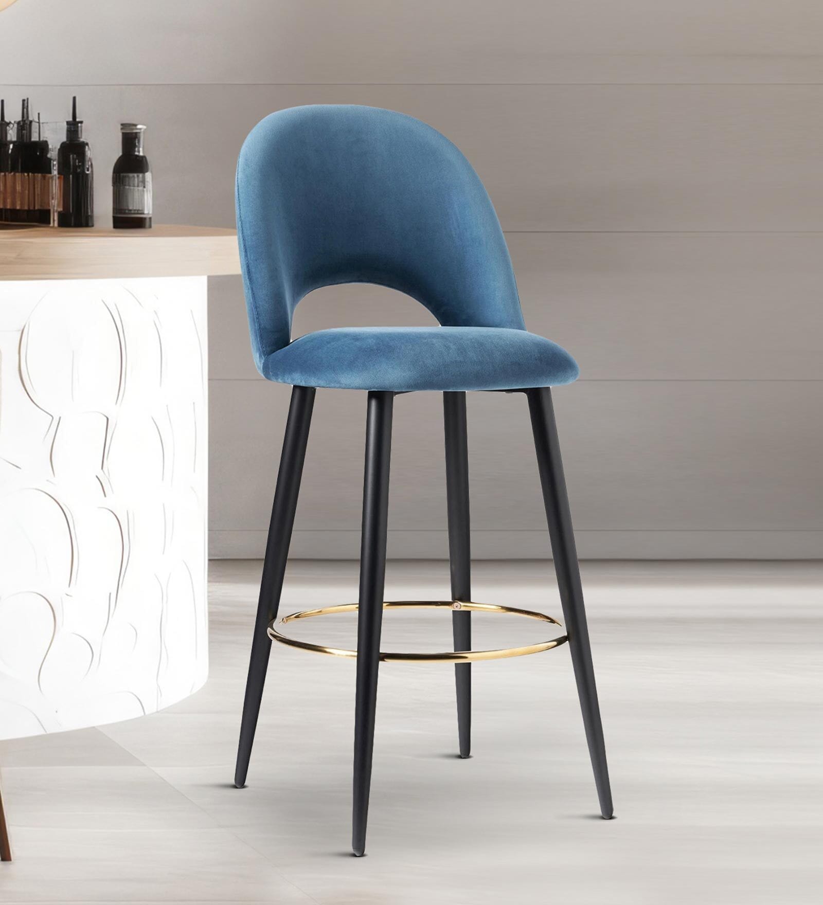 Deva Velvet Bar Chair In Blue Colour