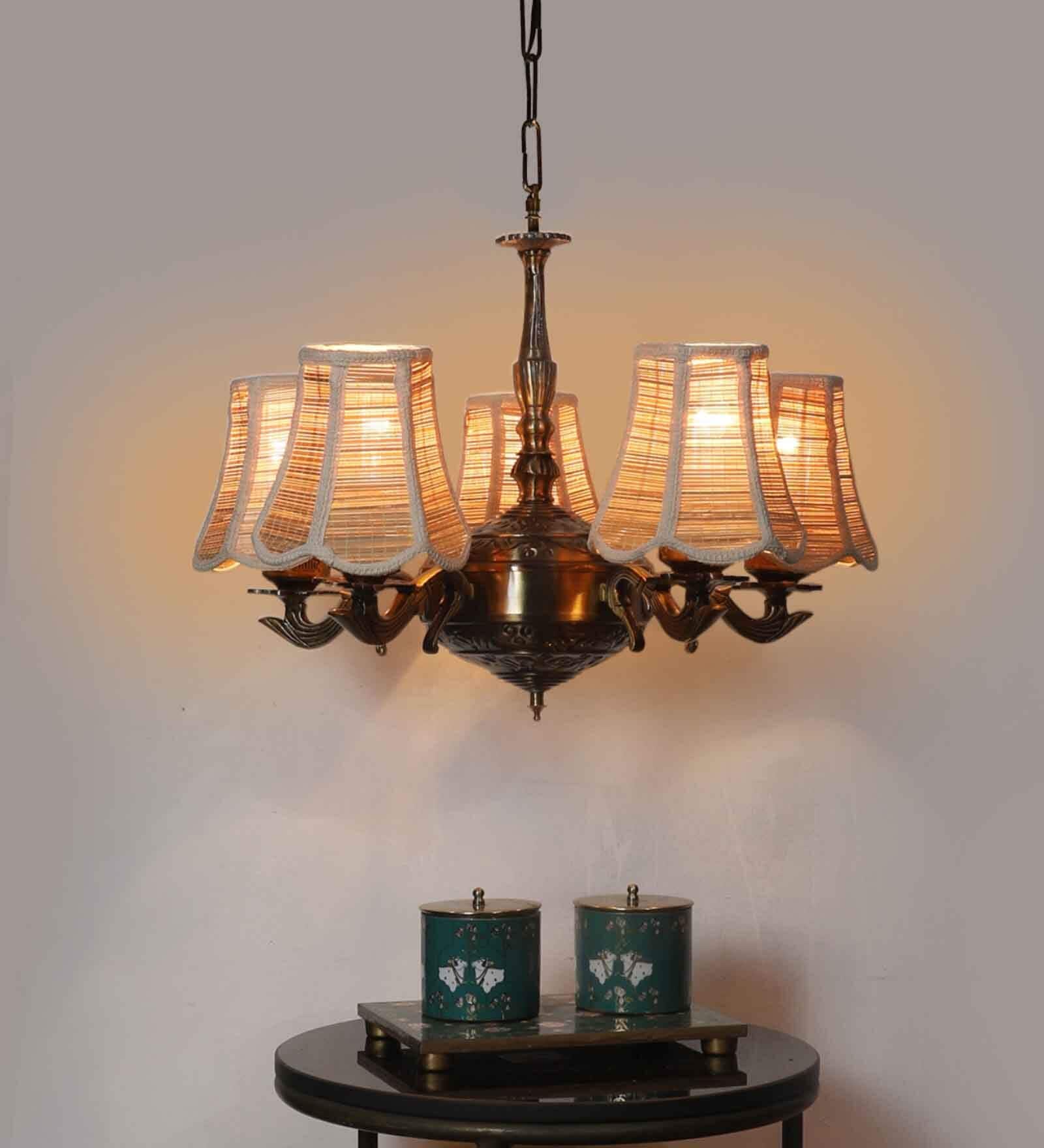 Devansh 05 Lights Bamboo  Vintage  shade with Antique Golden Chandelier -S