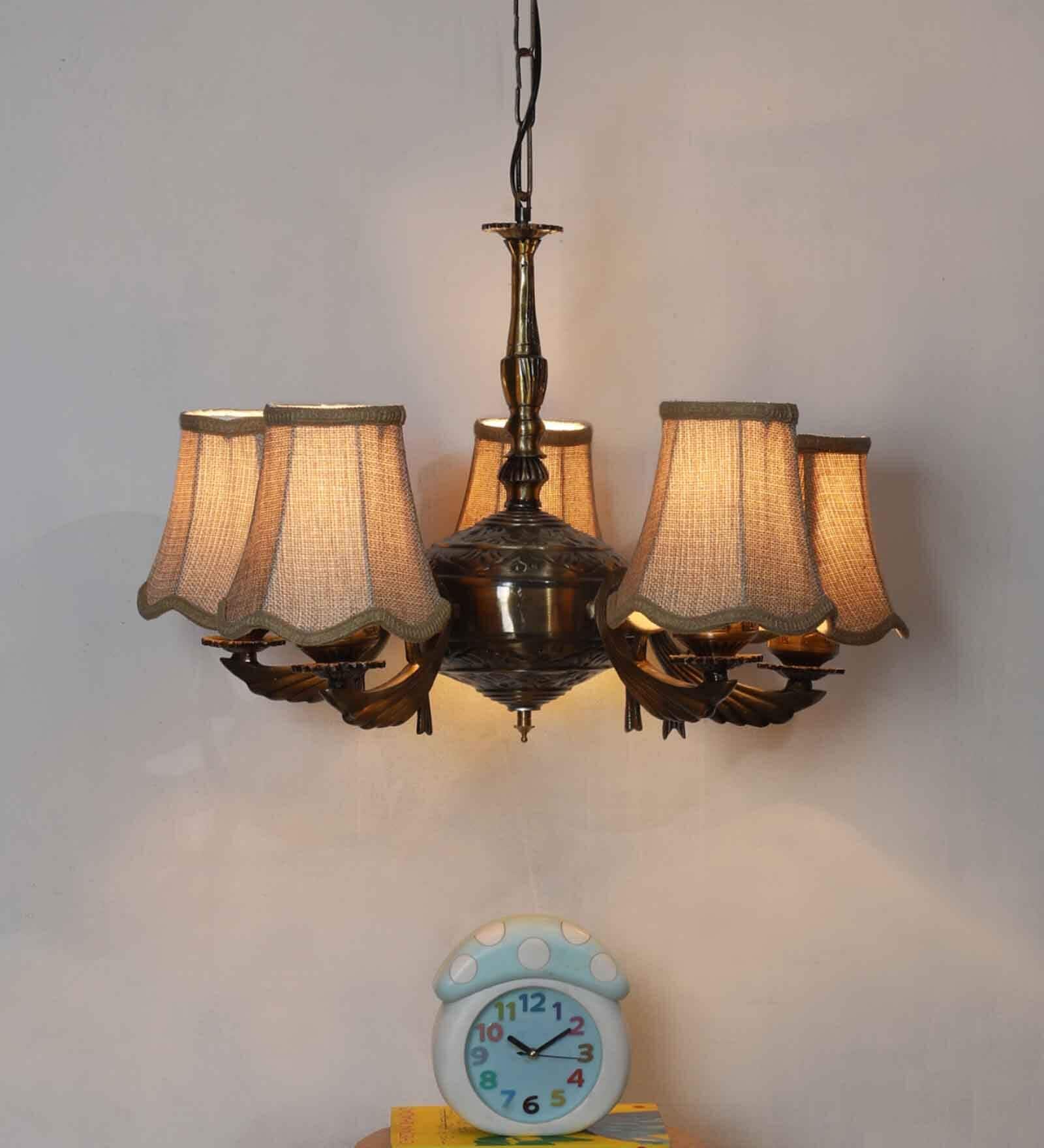 Devansh 05 Lights Beige Vintage  shade with Antique Golden Chandelier -N