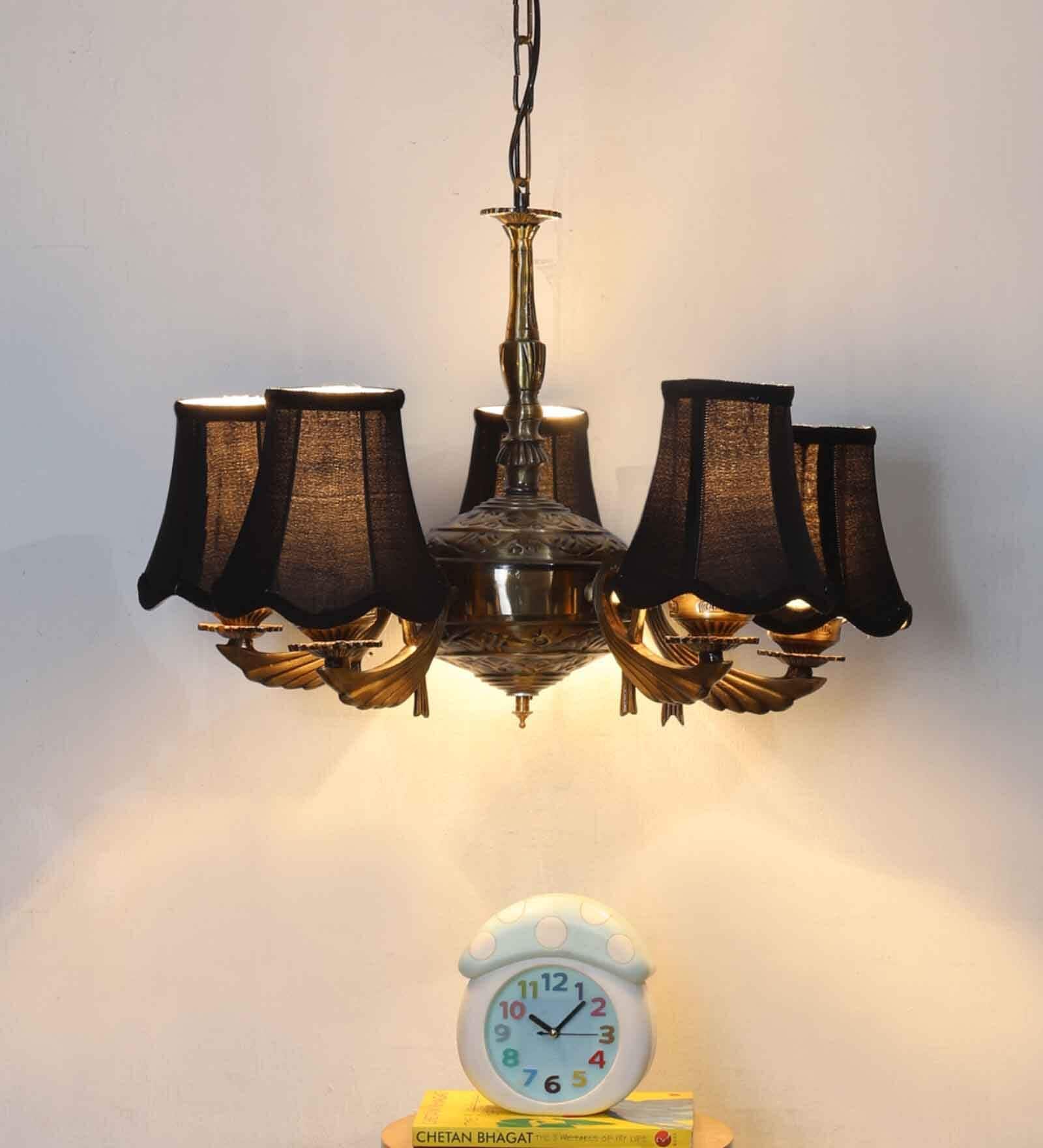 Devansh 05 Lights Black Vintage cotton shade with Antique Golden Chandelier -M