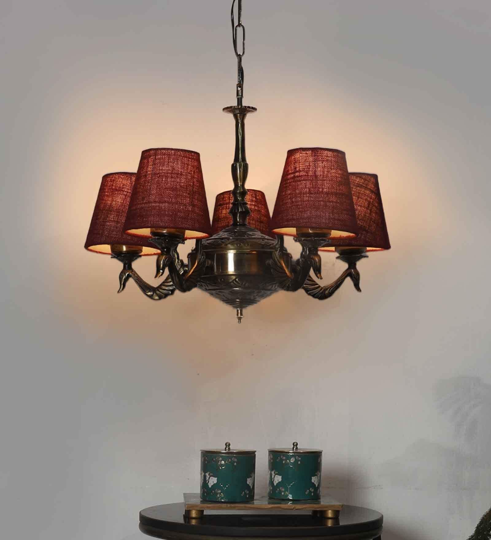 Devansh 05 Lights Maroon Jute conical  shade with Antique Golden Chandelier