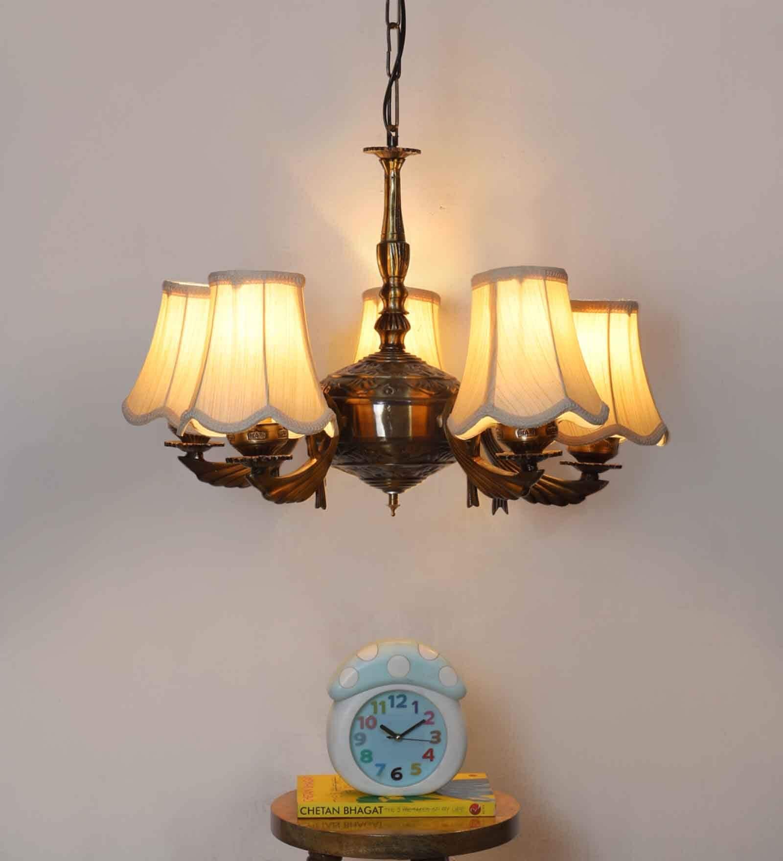 Devansh 05 Lights Off-white Vintage  cotton shade with Antique Golden Chandelier -L