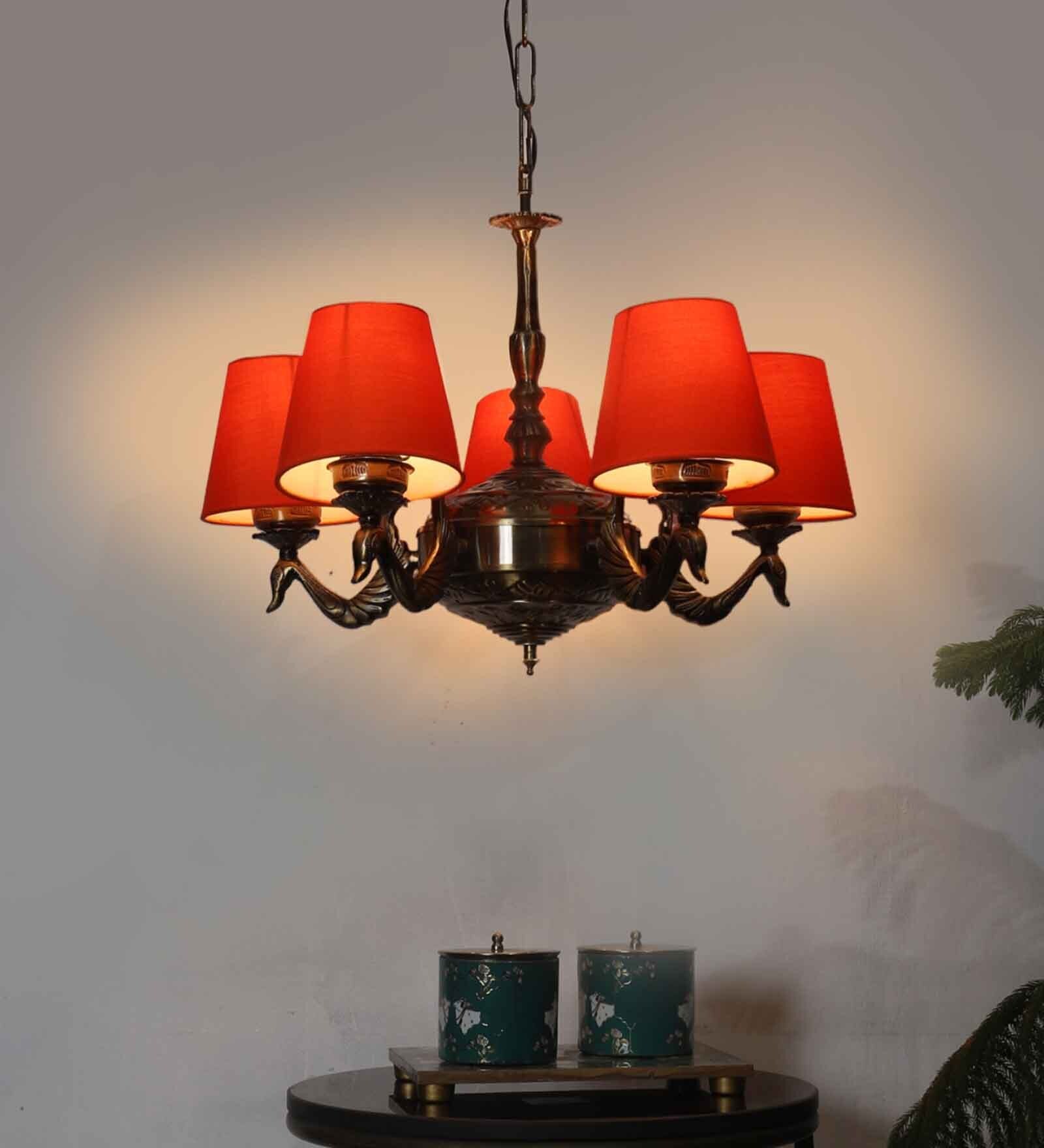 Devansh 05 Lights Orange conical cotton shade with Antique Golden Chandelier