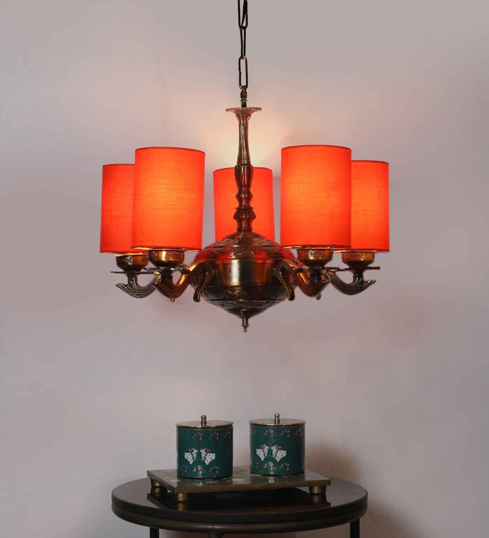 Devansh 05 Lights Orange Round cotton shade with Antique Golden Chandelier
