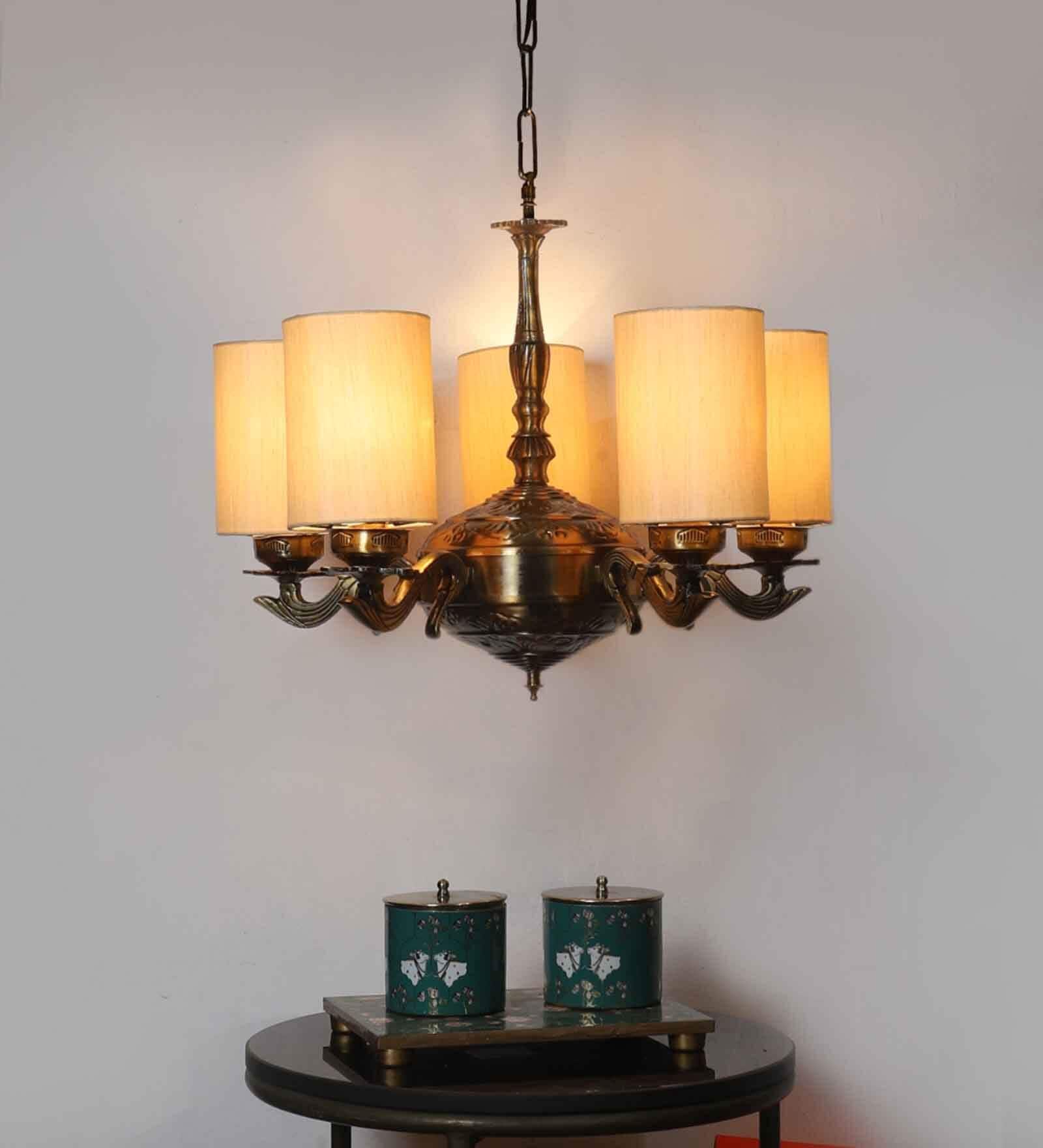 Devansh 05 Lights Round off-white cotton shade with Antique Golden Chandelier