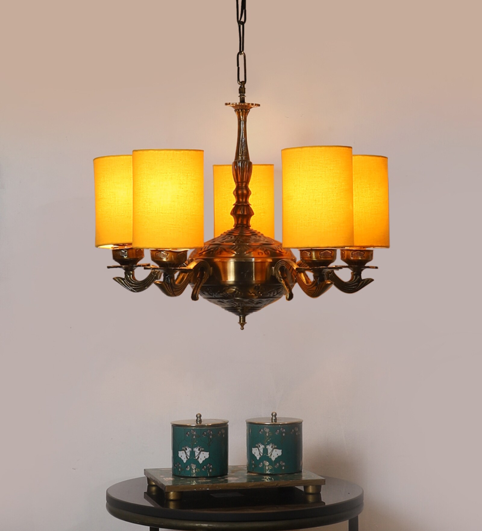 Devansh 05 Lights Yellow Round cotton shade with Antique Golden Chandelier