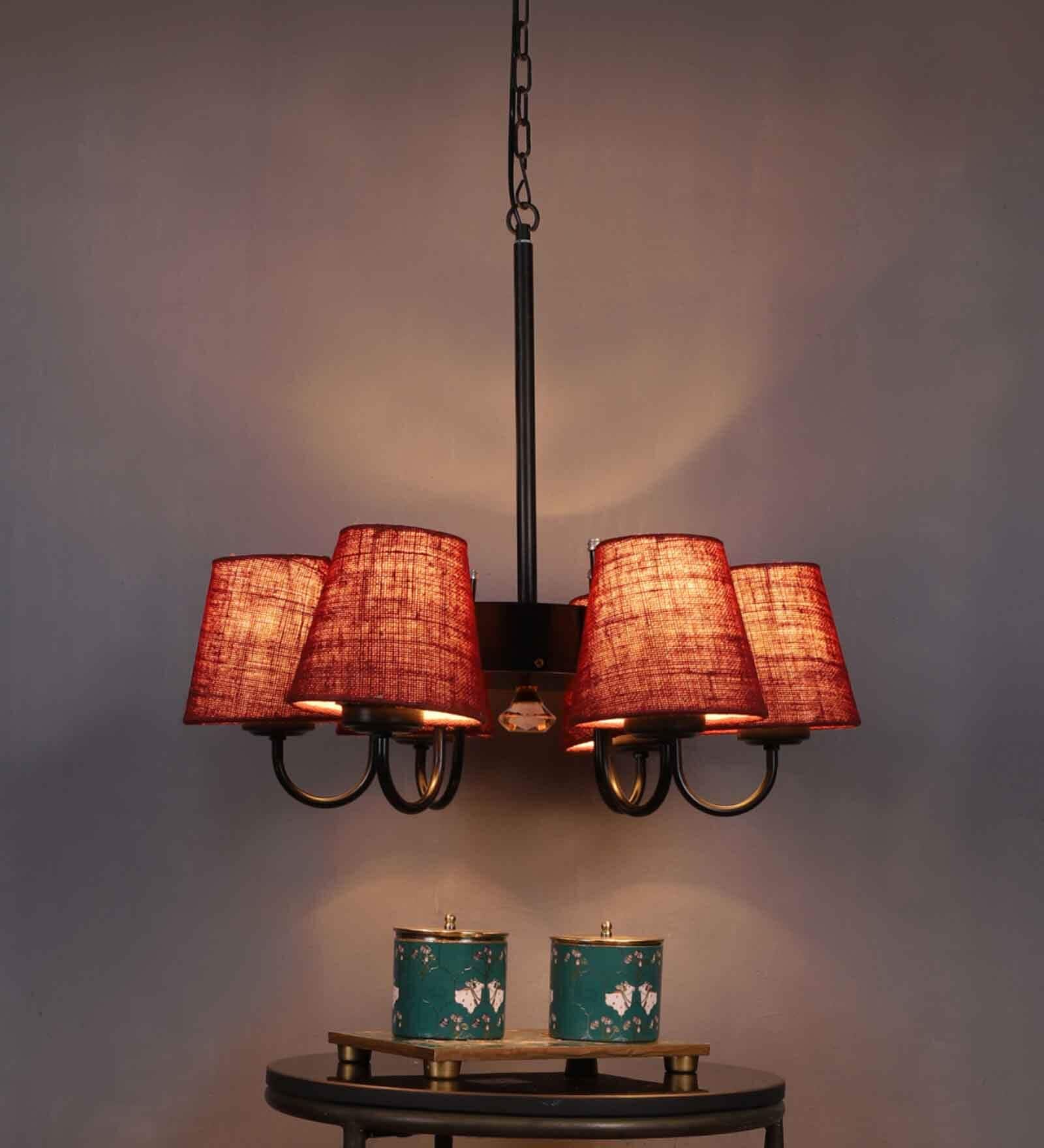 Devansh 06 Light Black Iron Powder coated  Chandelier With Maroon Jute  Shade (19x19x24 ) Inches