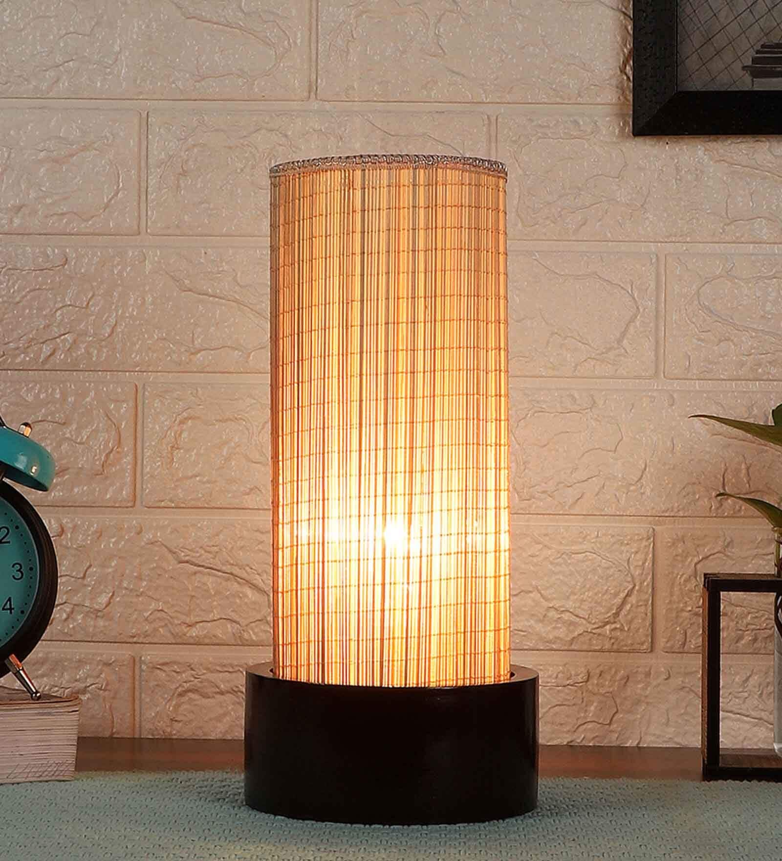Verona Beige Bamboo Shade Table Lamp With Wood Base