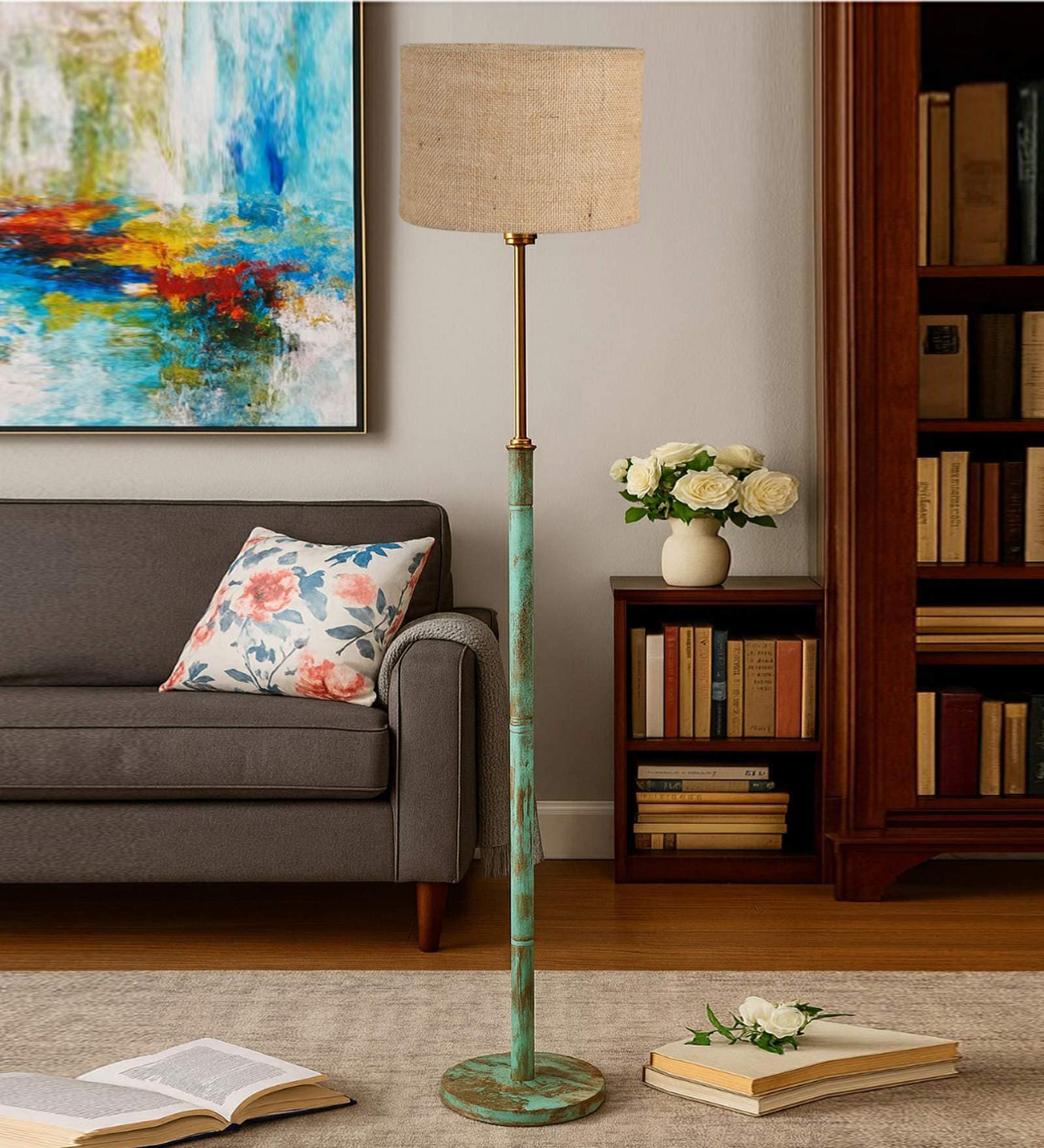 Devansh Beige cotton Drum shade with   floor lamp with wood base .-