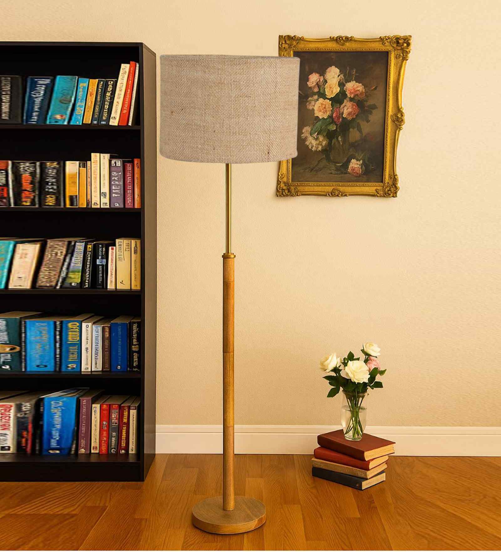 Devansh Beige cotton Drum shade with   floor lamp with wood base .-