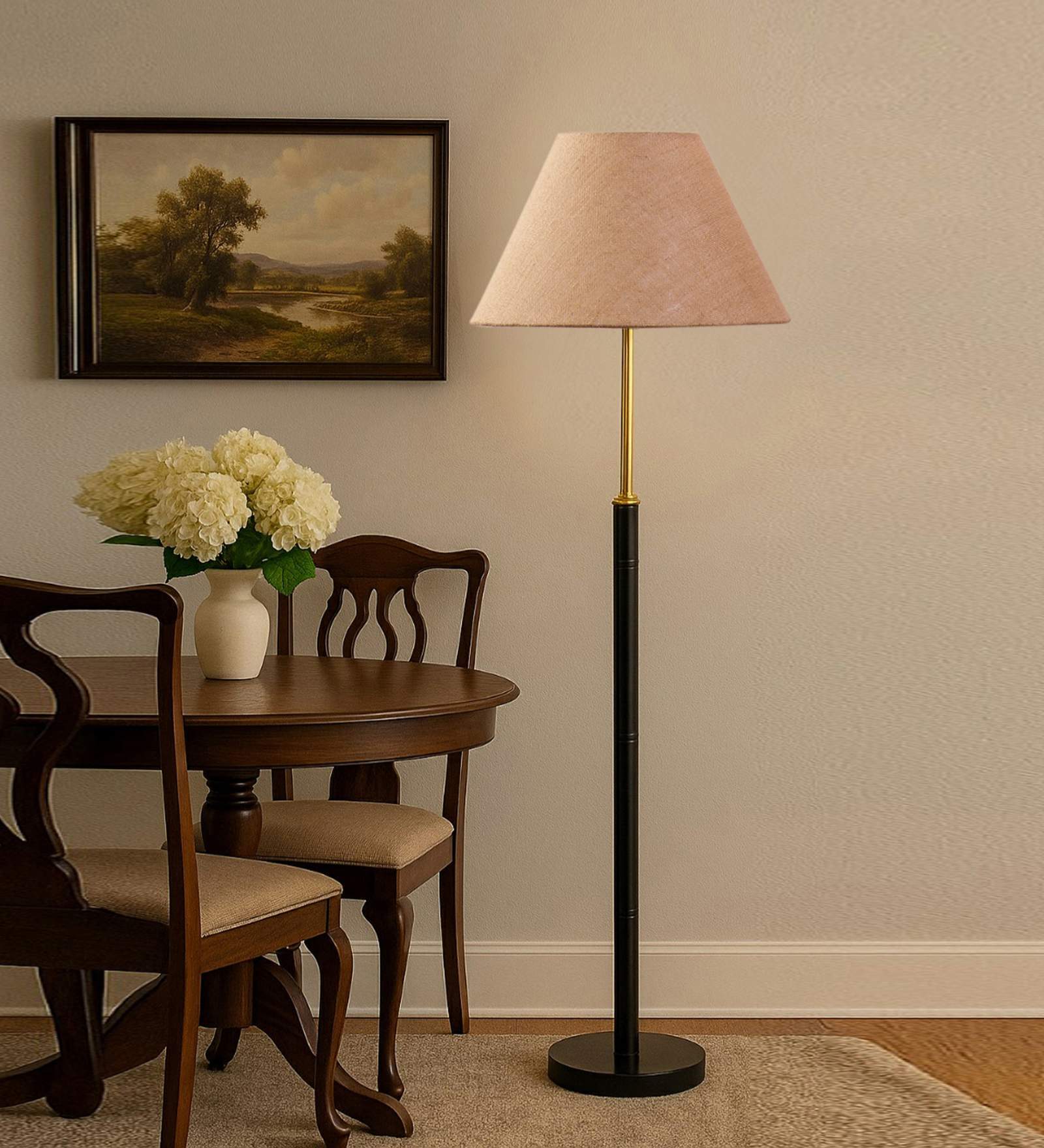 Devansh Beige cotton Drum shade with   floor lamp with wood base .-