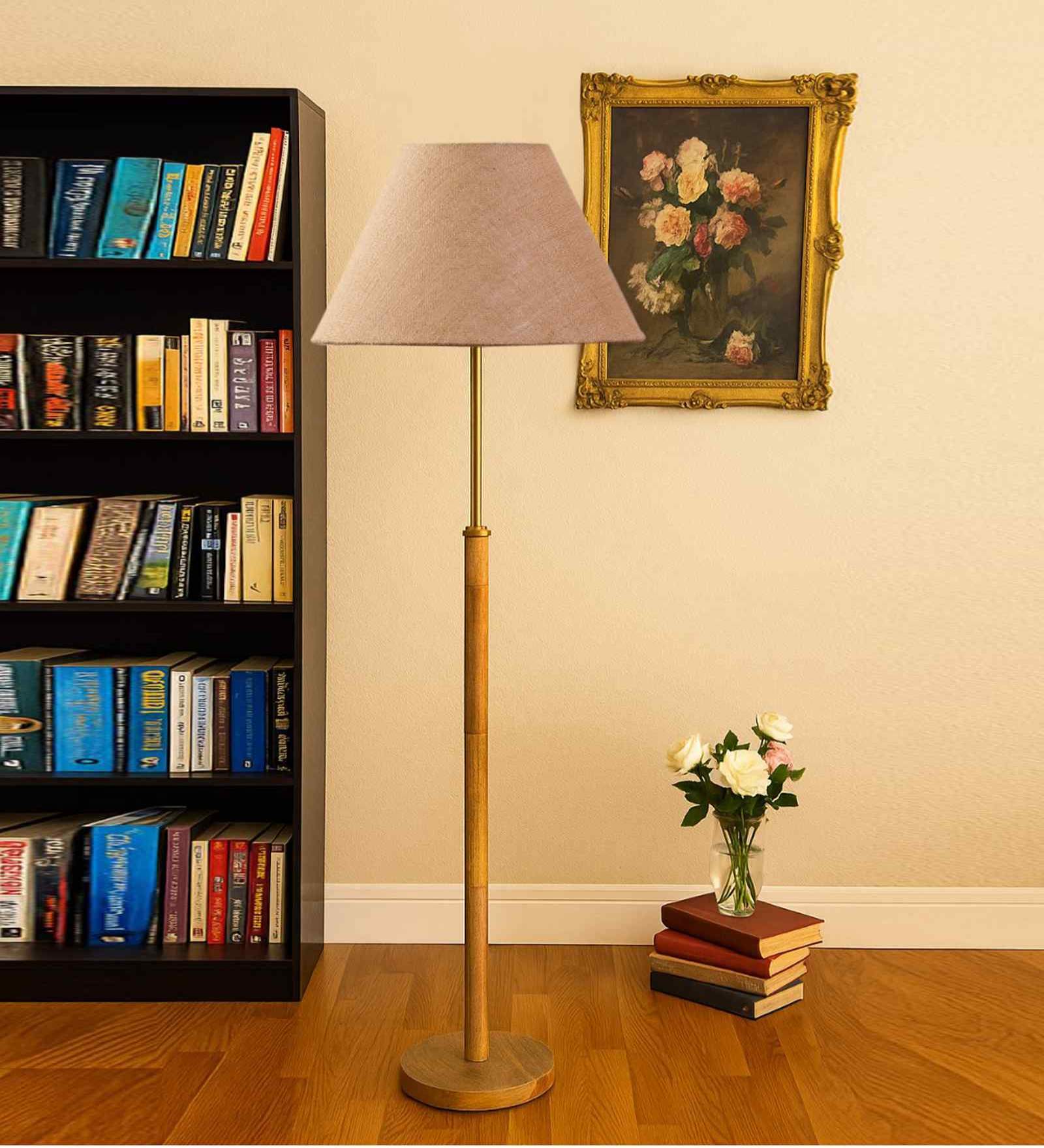 Devansh Beige cotton Drum shade with   floor lamp with wood base .-