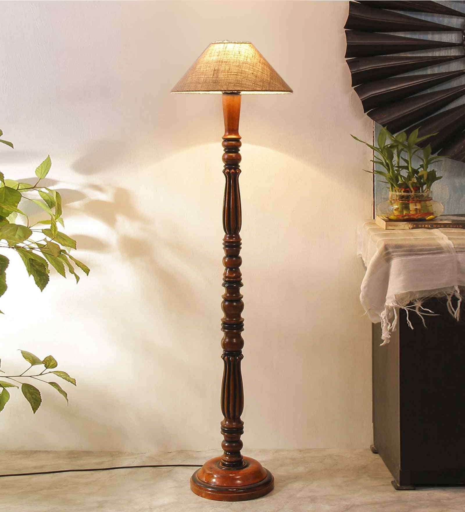 Beige Jute Wooden Floor Lamp