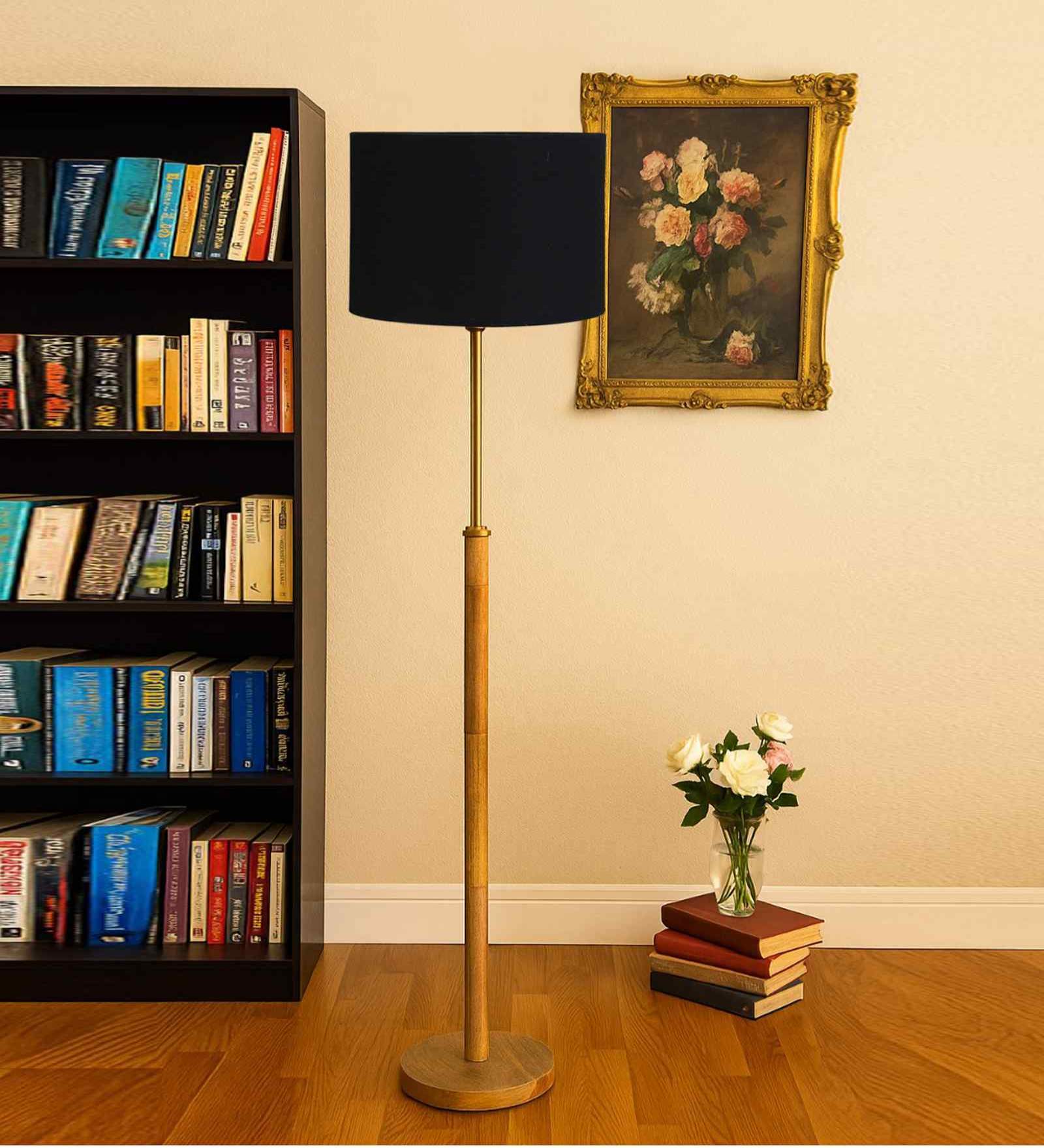 Devansh Black cotton Drum shade with   floor lamp with wood base .-
