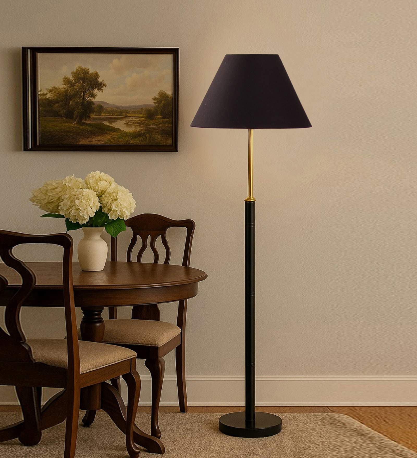 Devansh Black cotton Drum shade with   floor lamp with wood base .-