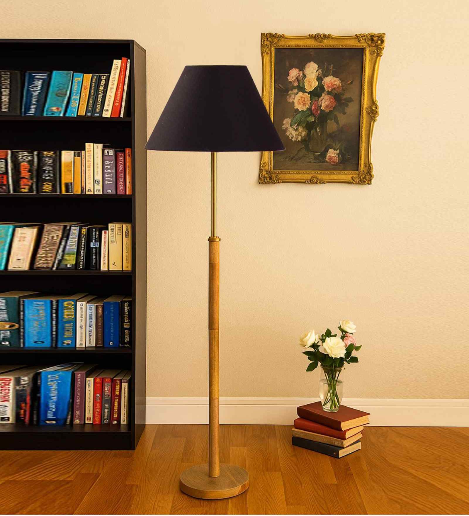 Devansh Black cotton Drum shade with   floor lamp with wood base .-