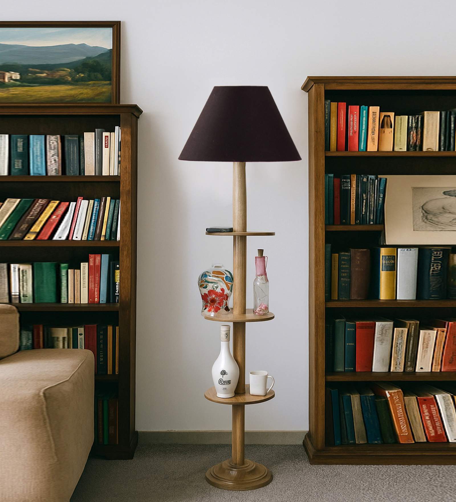 Devansh Black cotton Drum shade with   floor lamp with wood base .-