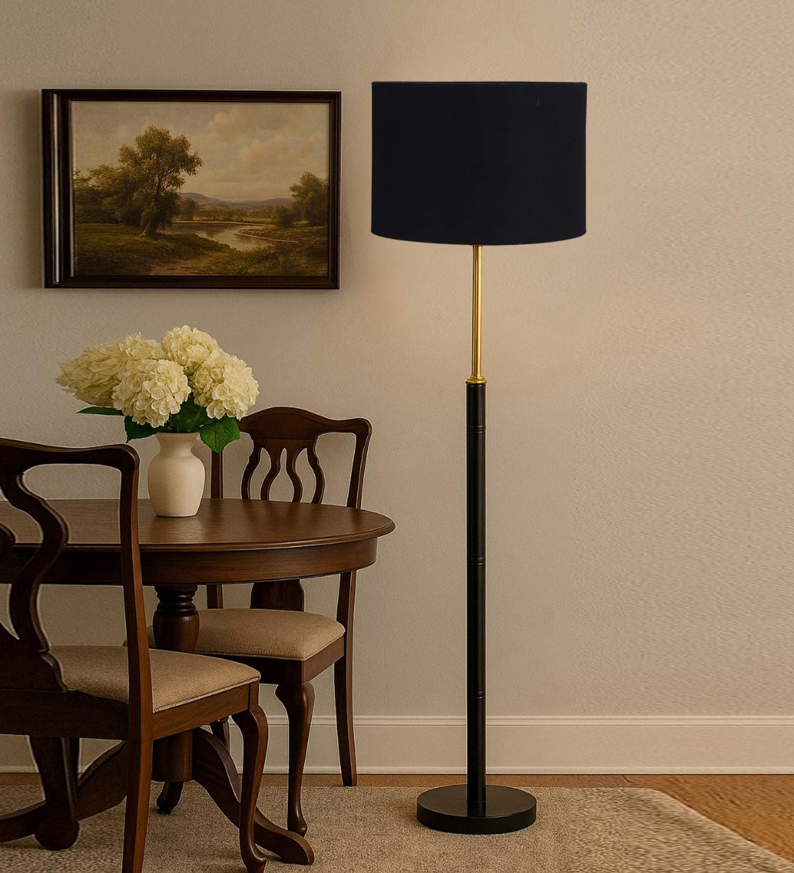 Devansh Black cotton Drum shade with   floor lamp with wood base .-