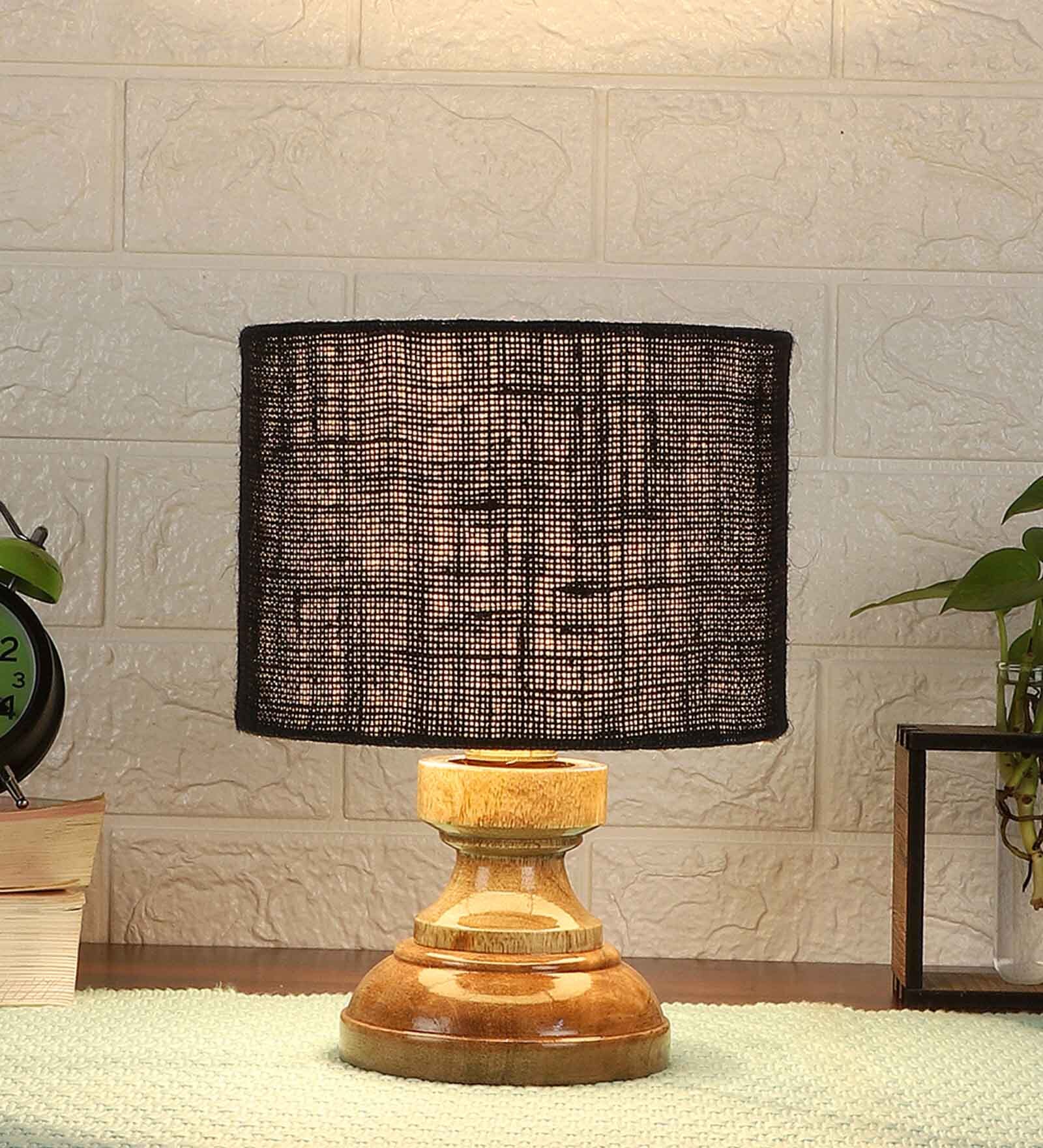 Buy Devansh Black Jute Table Lamp With Wood Natural Base by New Era at