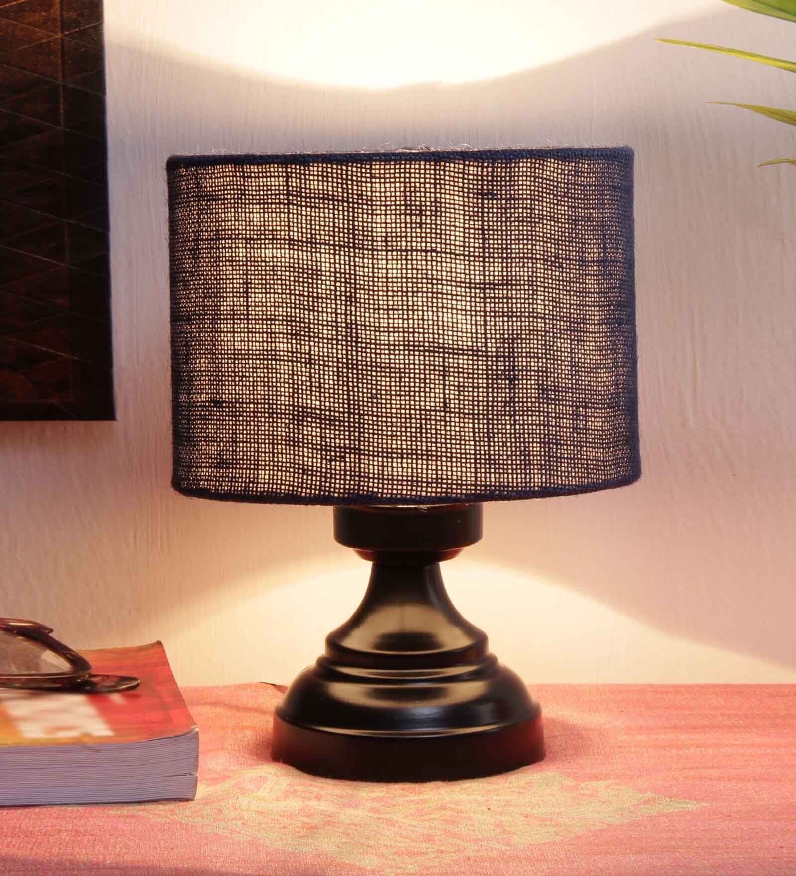 Blue  Jute  Shade Lamp  With Black Base