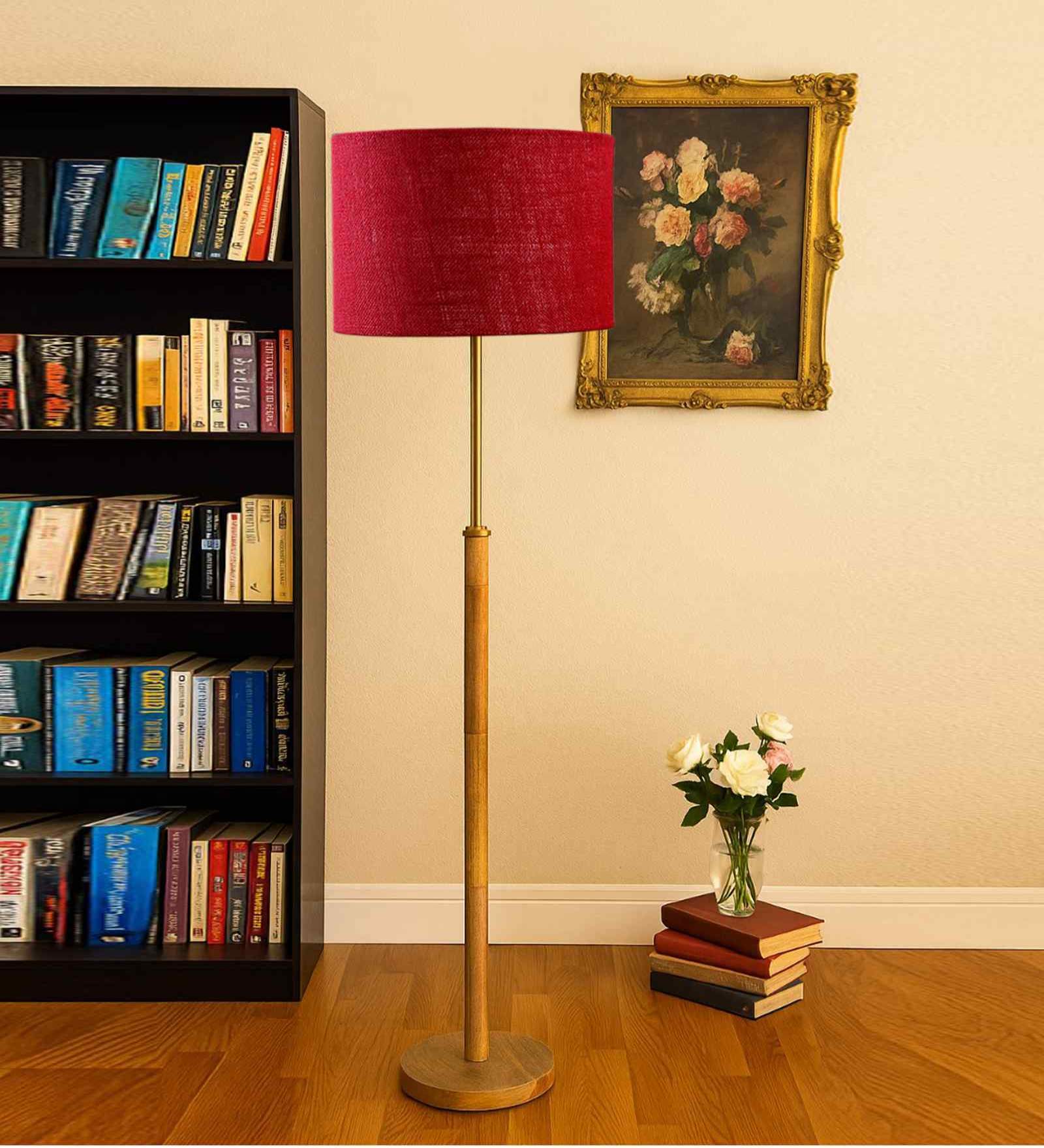 Devansh Blue cotton Drum shade with   floor lamp with wood base .-