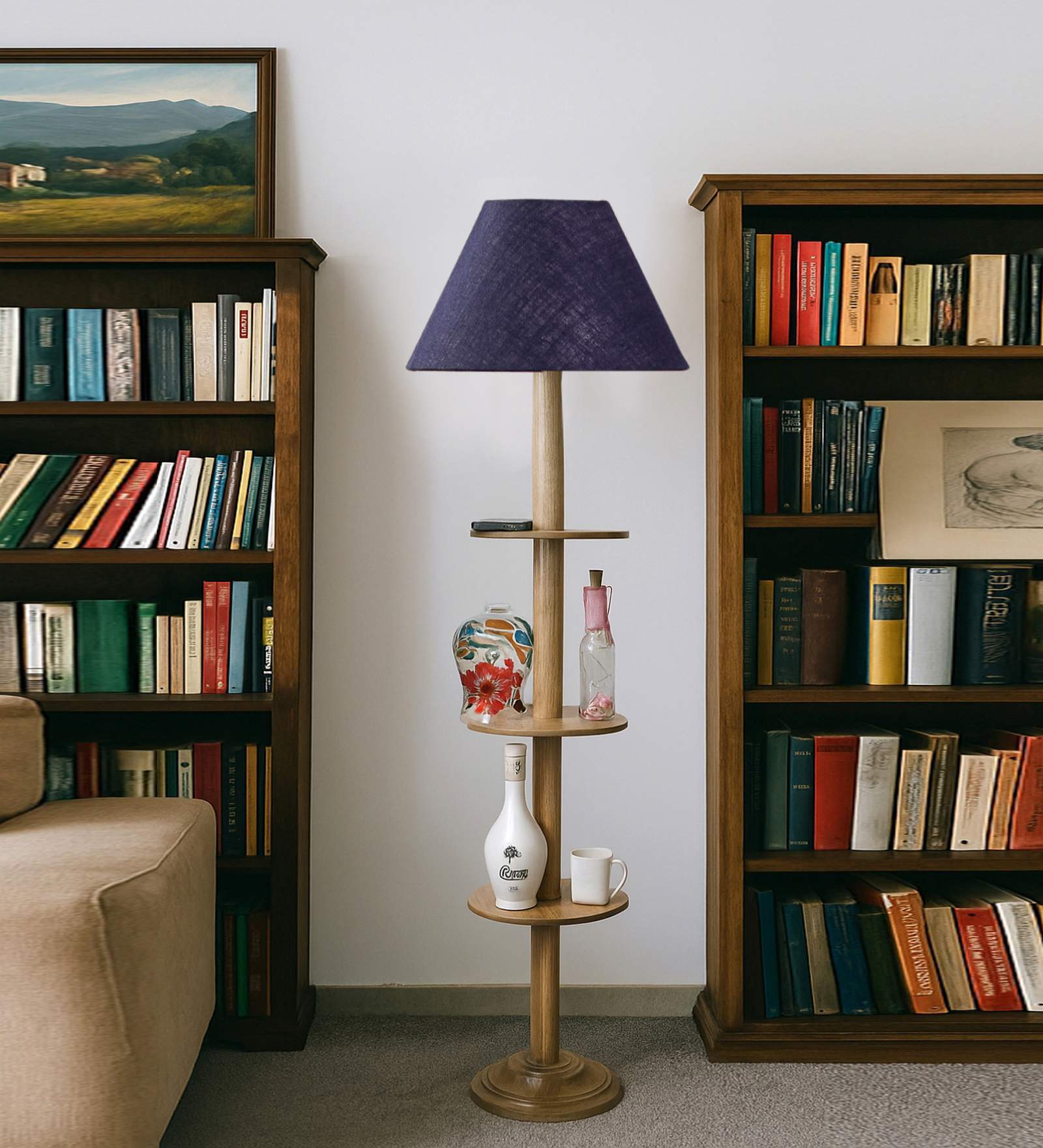 Devansh Blue cotton Drum shade with   floor lamp with wood base .-