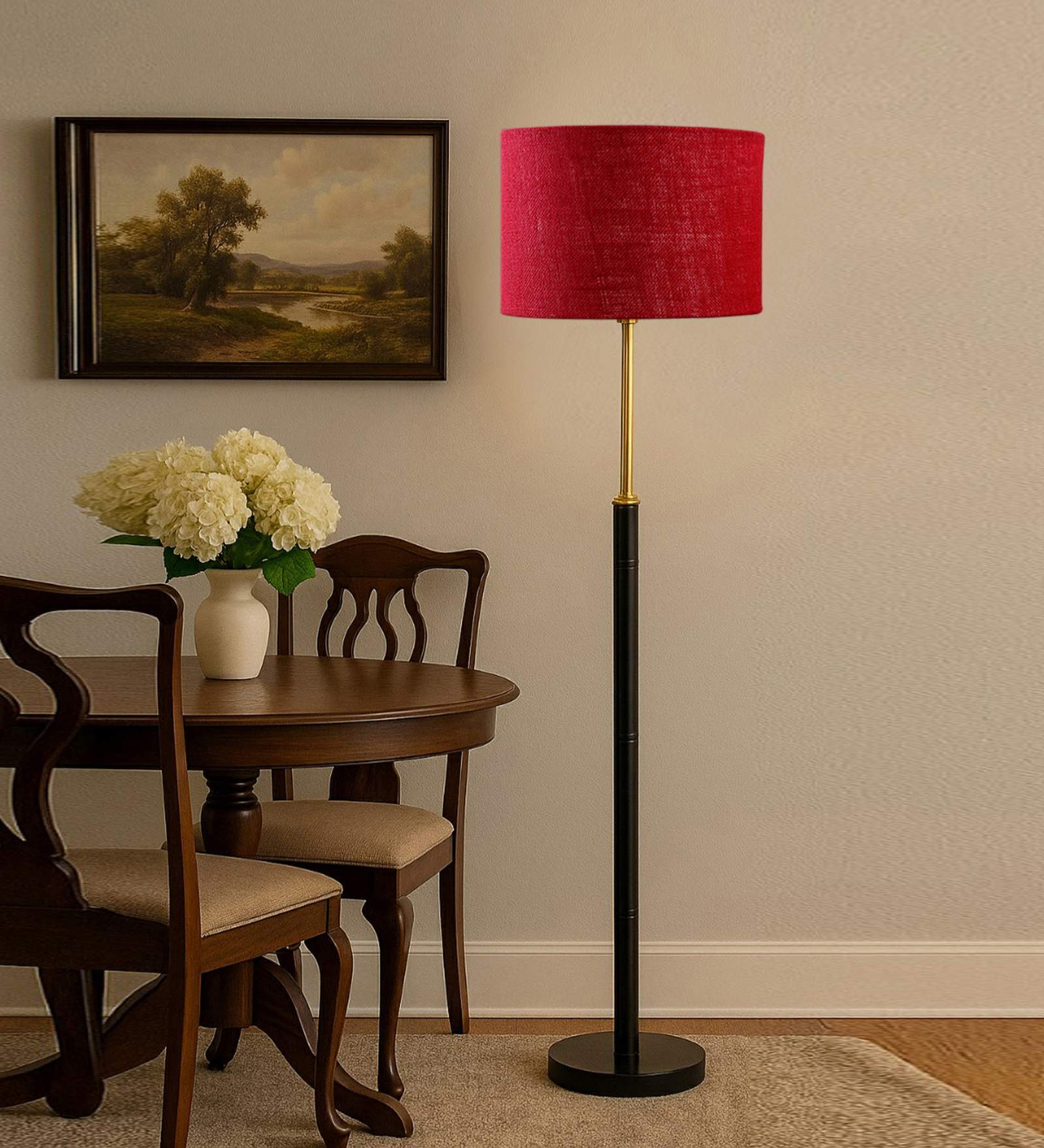 Devansh Blue cotton Drum shade with   floor lamp with wood base .-