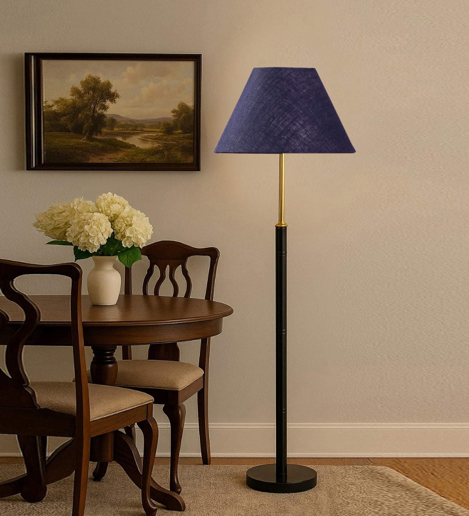 Devansh Blue cotton Drum shade with   floor lamp with wood base .-