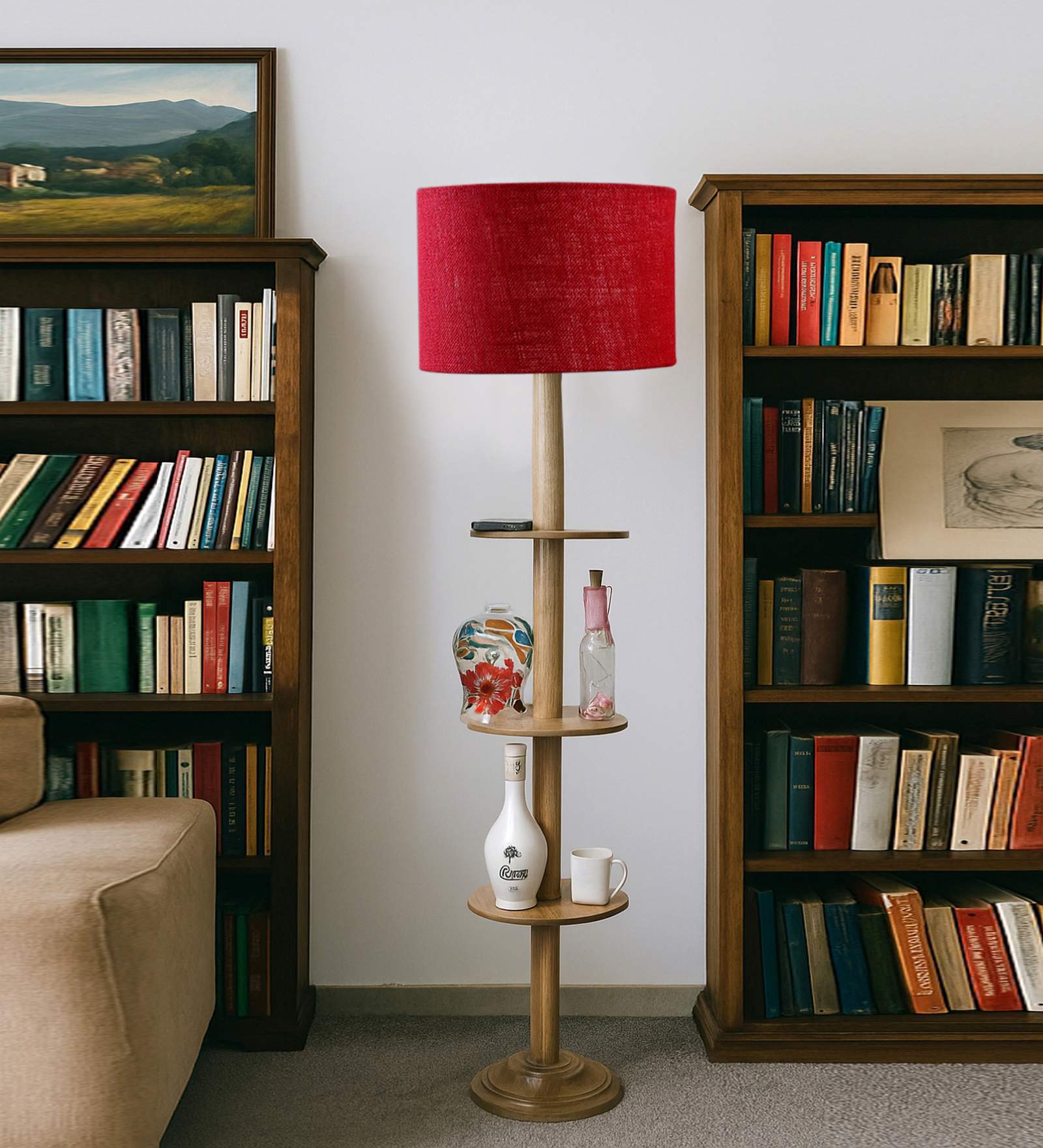 Devansh Blue cotton Drum shade with   floor lamp with wood base