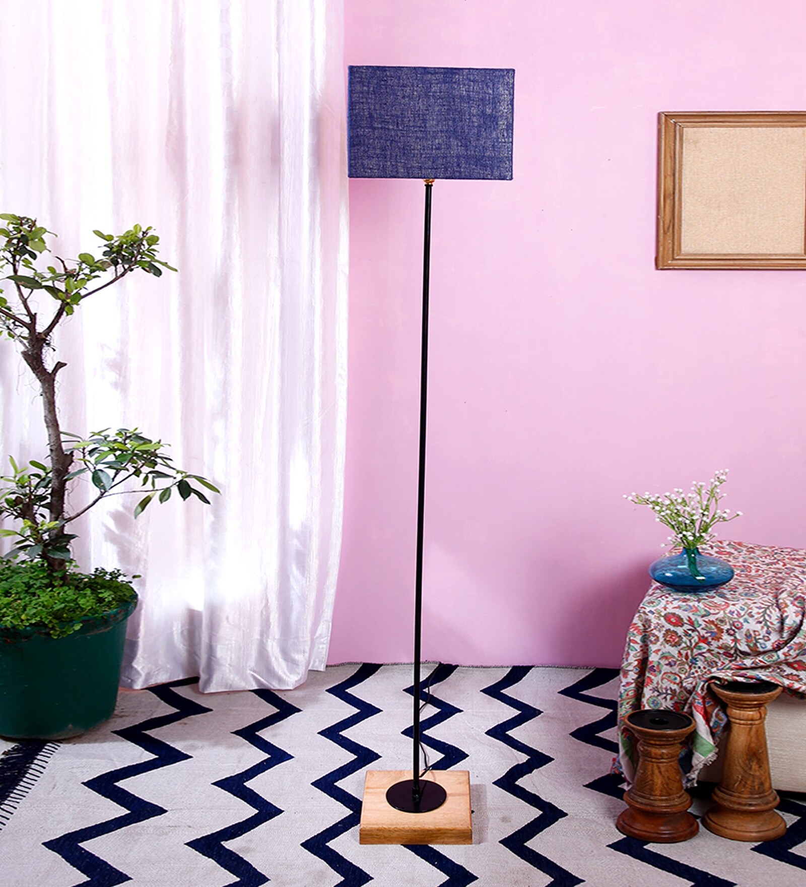 Devansh Blue Jute Drum Shade Stick Floor Lamp With Wood Square Base