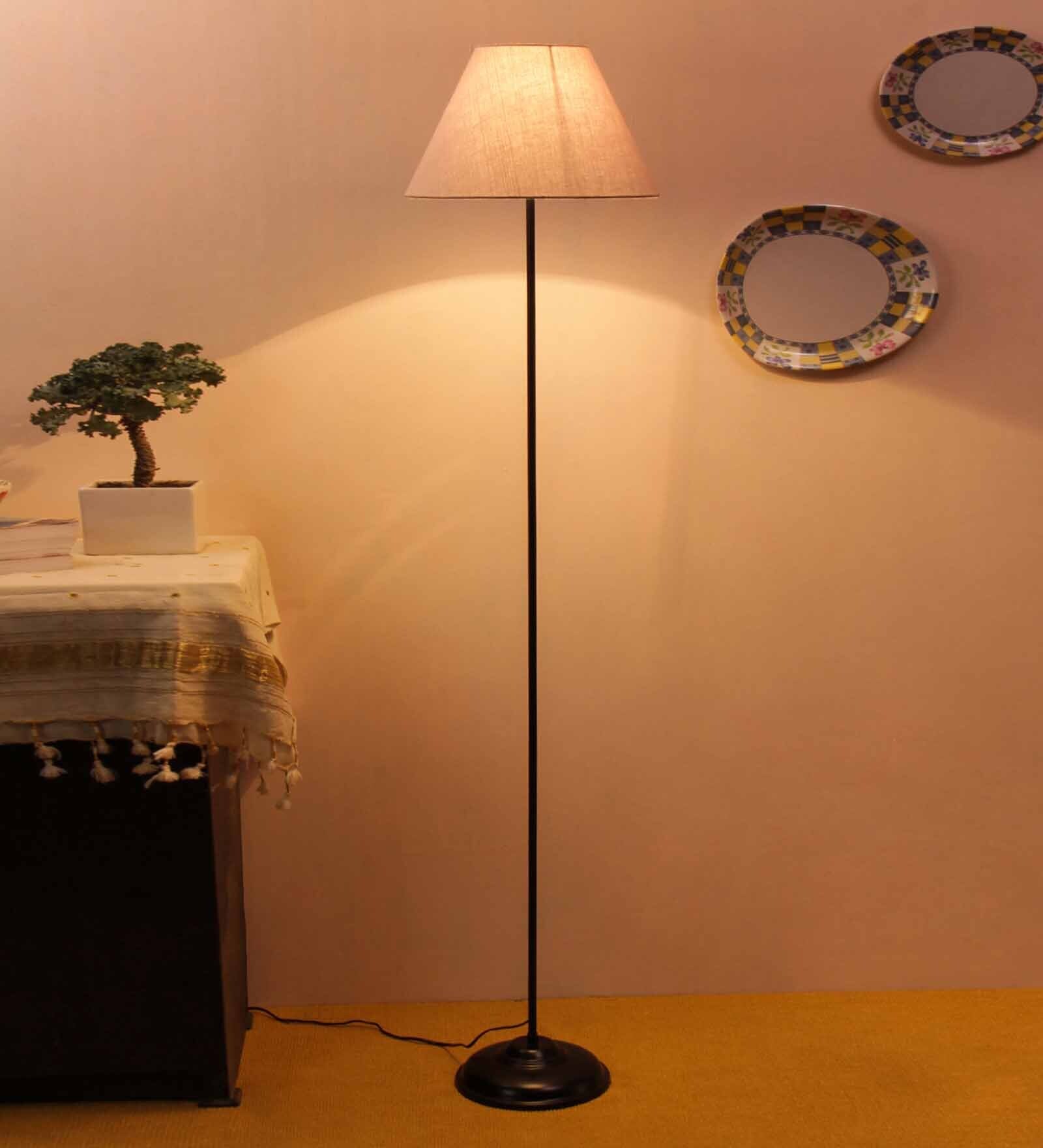 Porco Grey Cotton Shade Club Floor Lamp With Iron Base
