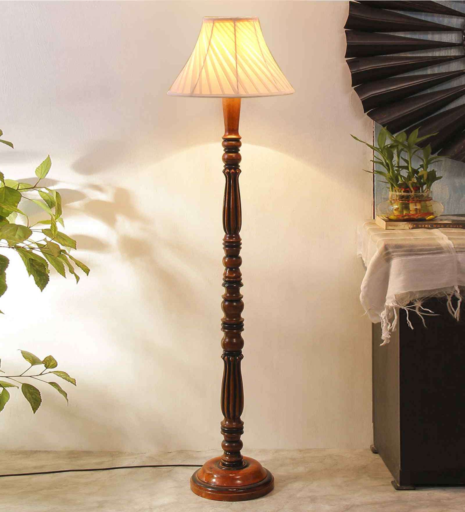 Cross Pleated off white cotton Wooden Floor Lamp