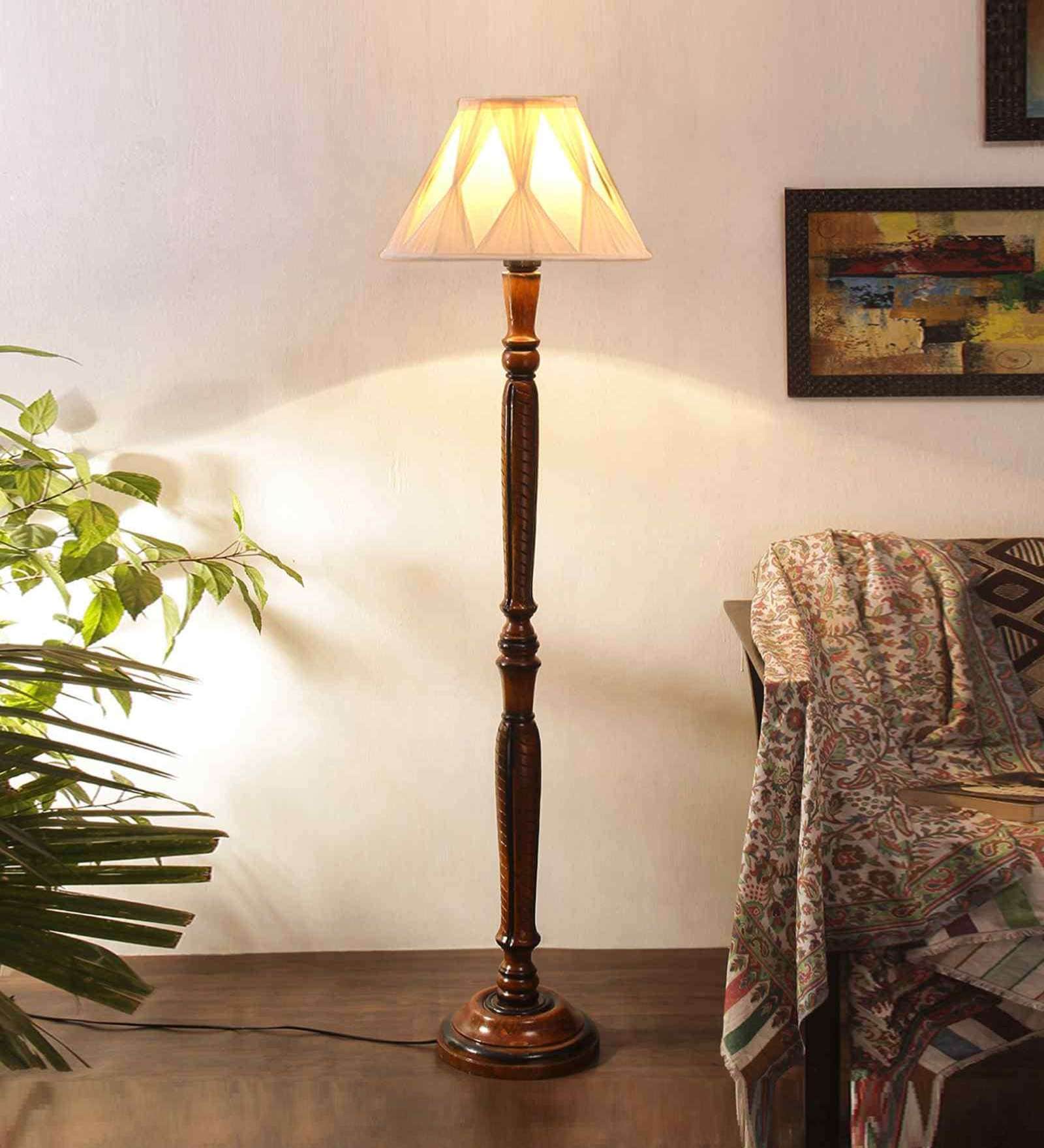 Curtain Pleated off white cotton Wooden Floor Lamp