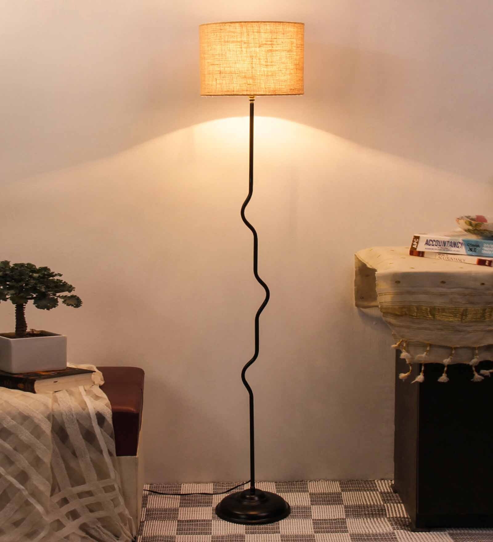 Devansh Drum  Beige Jute Shade Floor Lamp With  Black  Base 