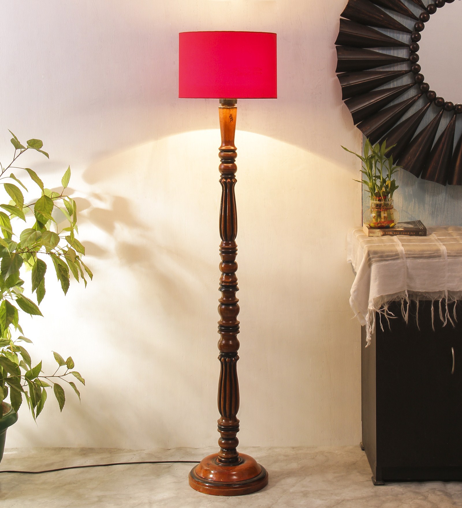 Red Cotton Shade Club Floor Lamp With Wood Base