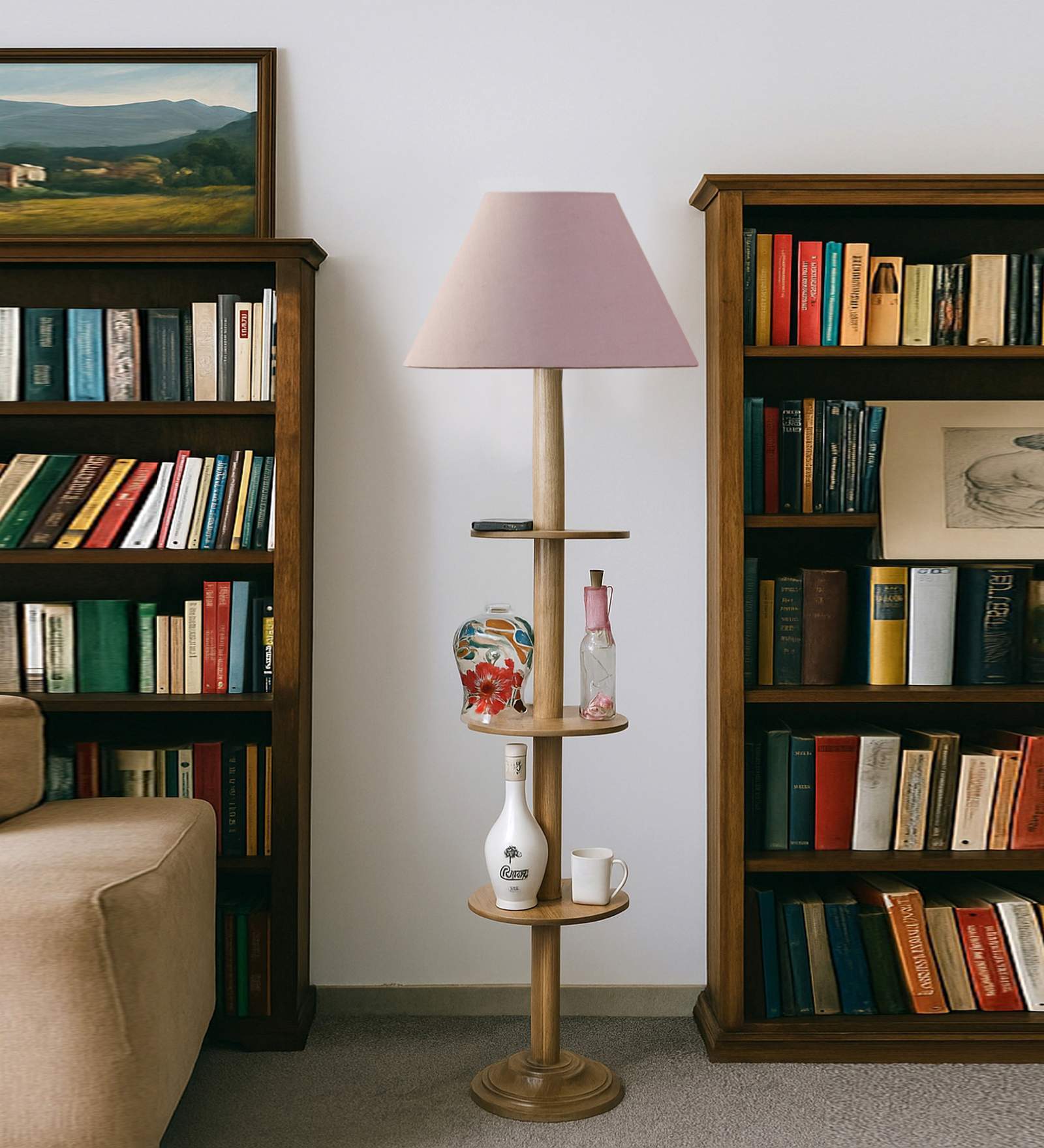 Devansh Grey cotton Drum shade with   floor lamp with wood base .-