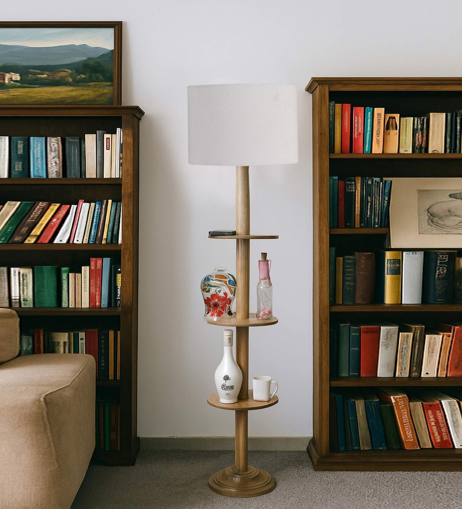 Devansh Grey cotton Drum shade with   floor lamp with wood base
