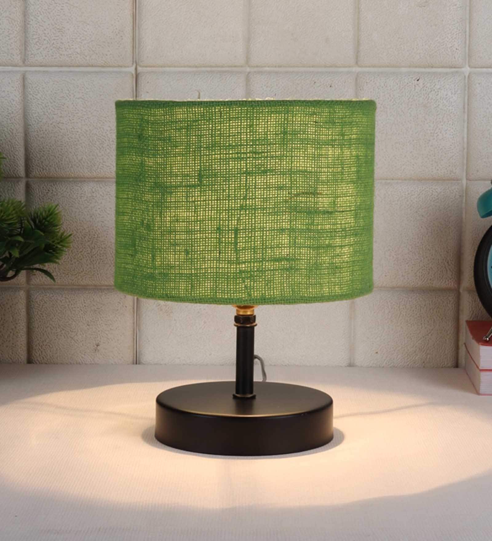 Devansh Iron  Table Lamp With Green Jute Shade