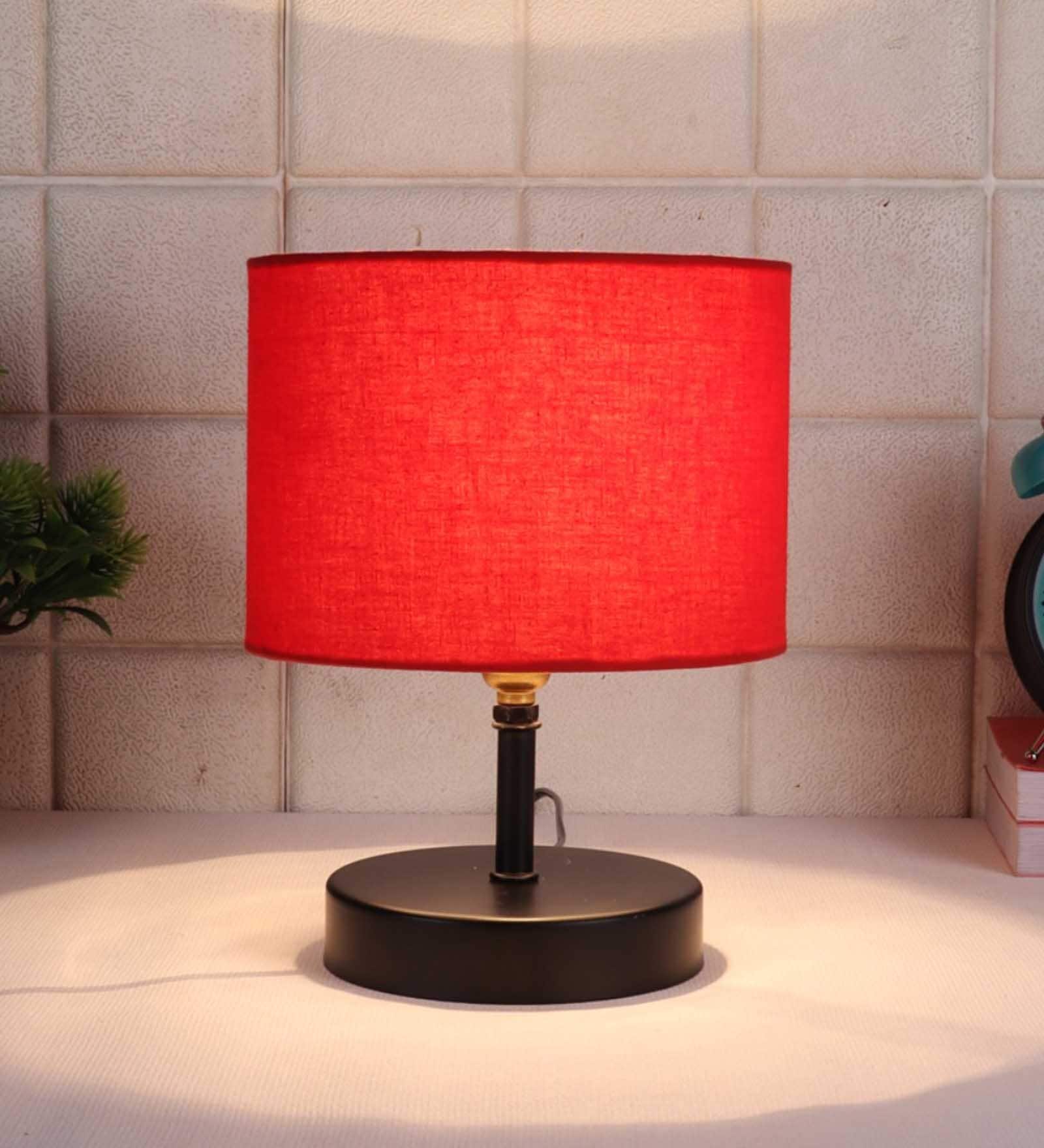 Devansh Iron  Table Lamp With Red Cotton  Shade