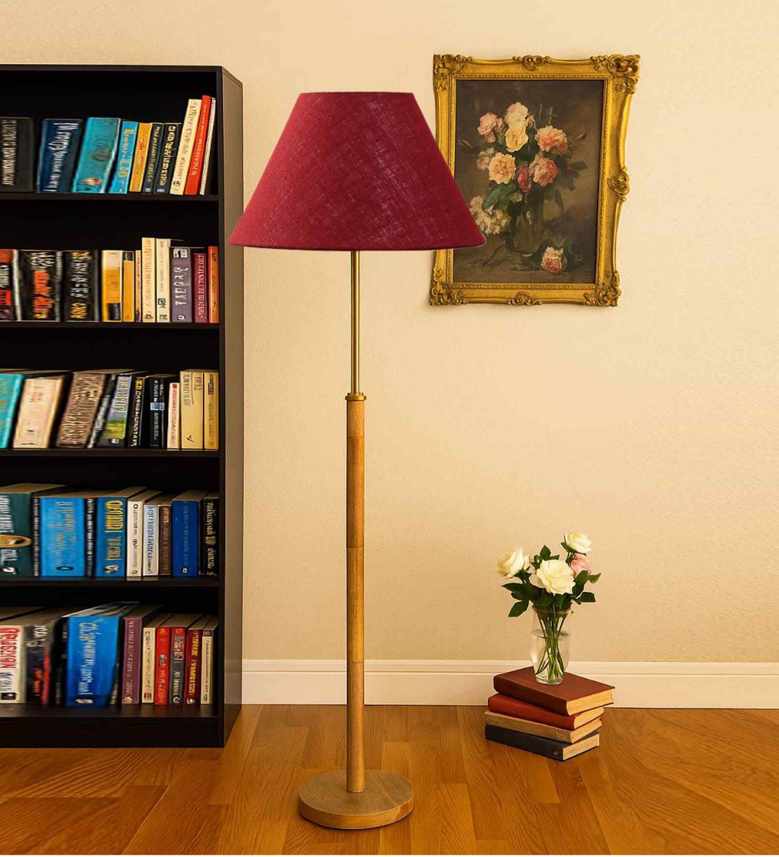 Devansh Maroon cotton Drum shade with   floor lamp with wood base .-