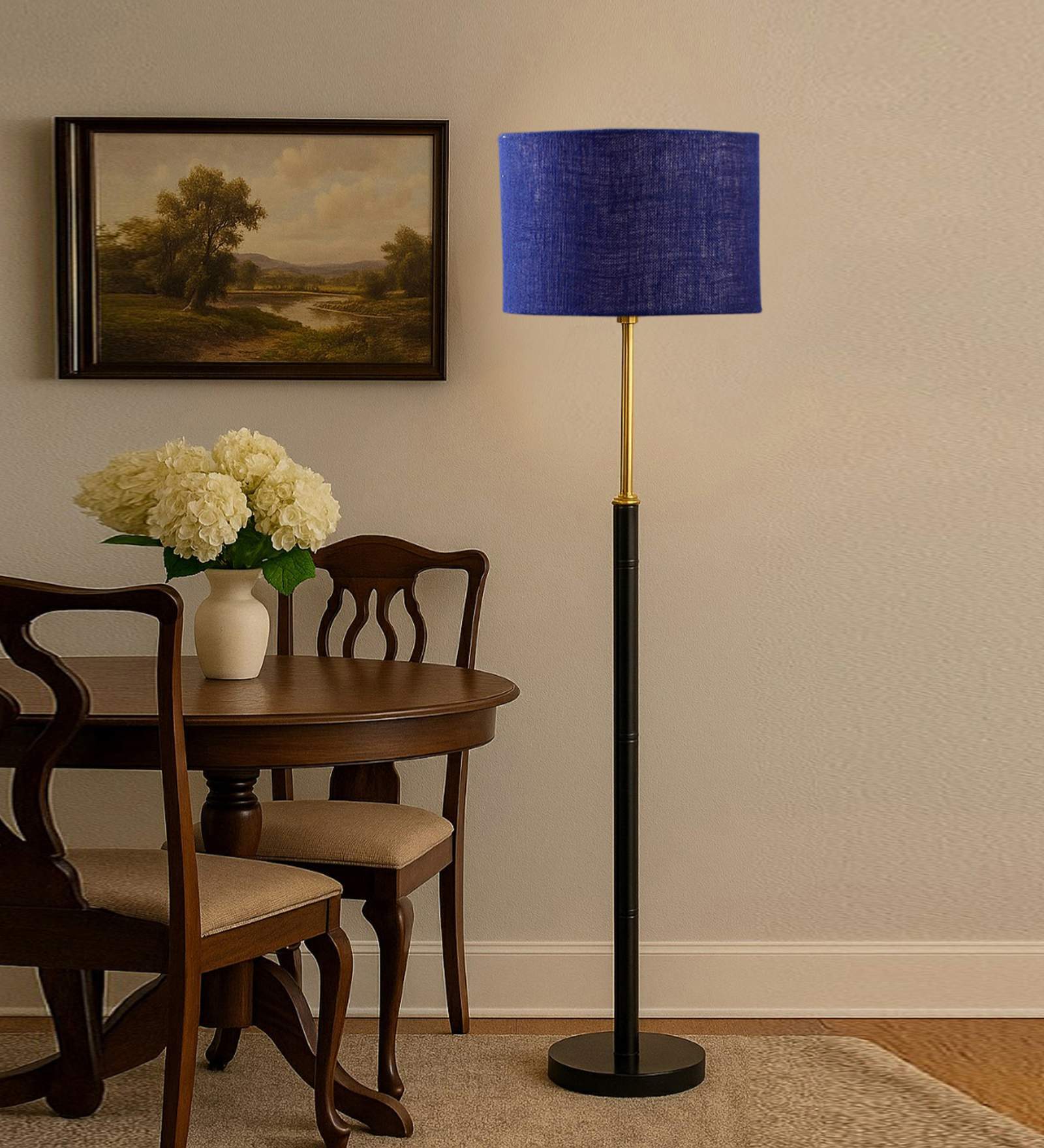 Devansh Maroon cotton Drum shade with   floor lamp with wood base .-