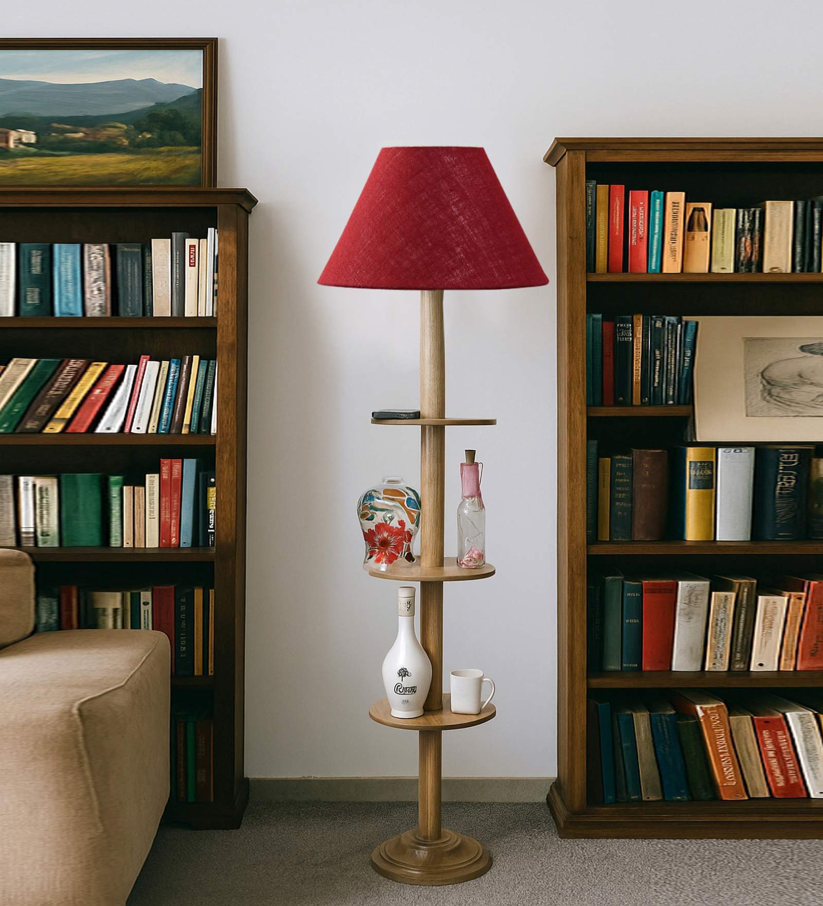 Devansh Maroon cotton Drum shade with   floor lamp with wood base .-