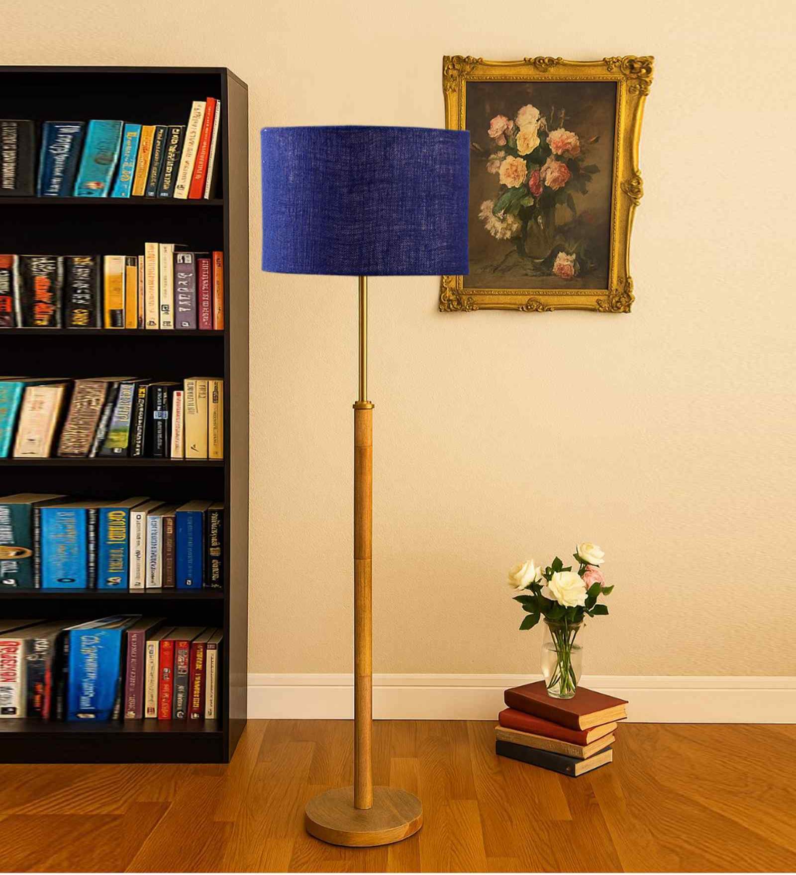 Devansh Maroon cotton Drum shade with   floor lamp with wood base .-