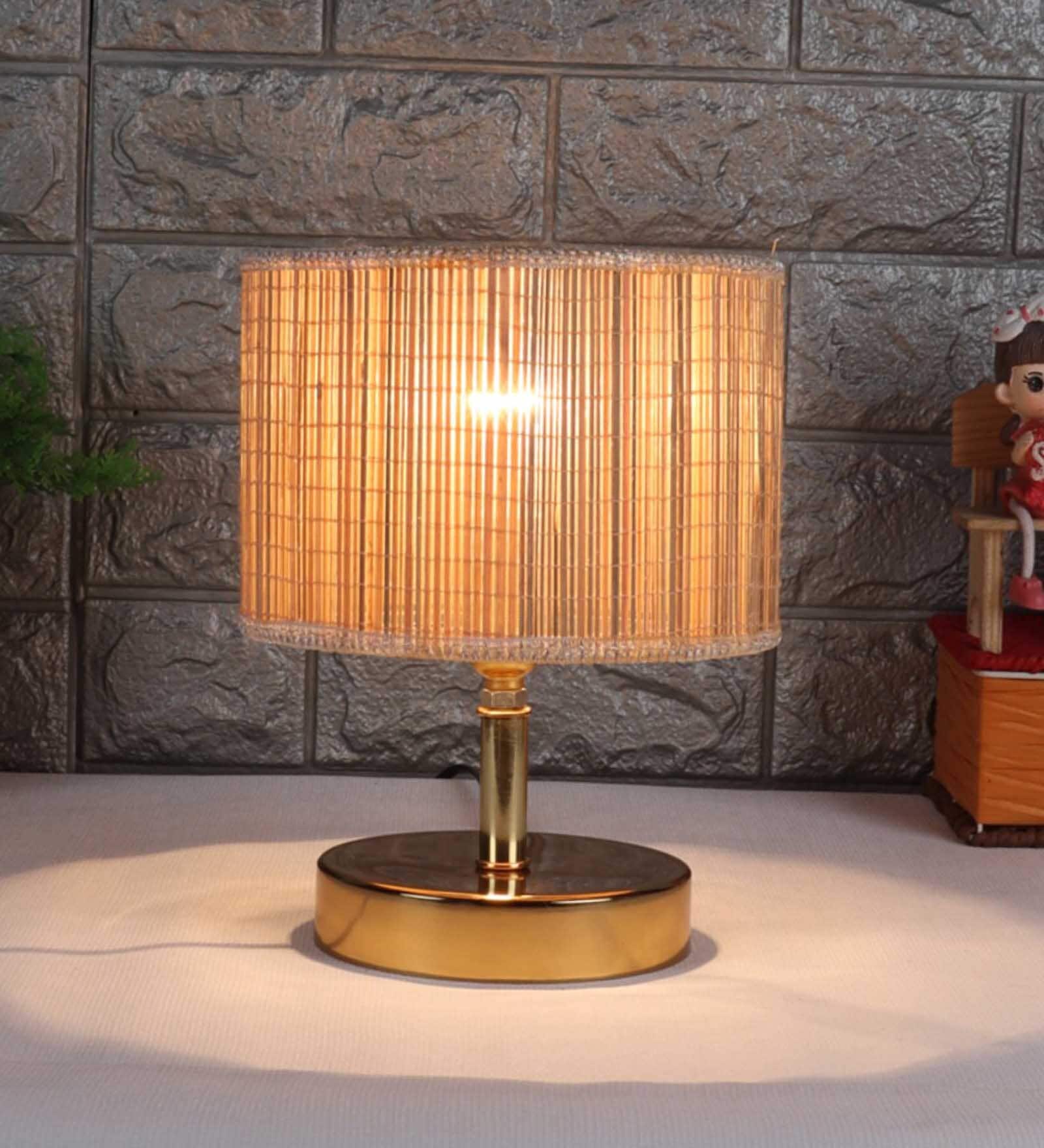 Rhombus Beige Bamboo Shade Night Lamp With Metal Base