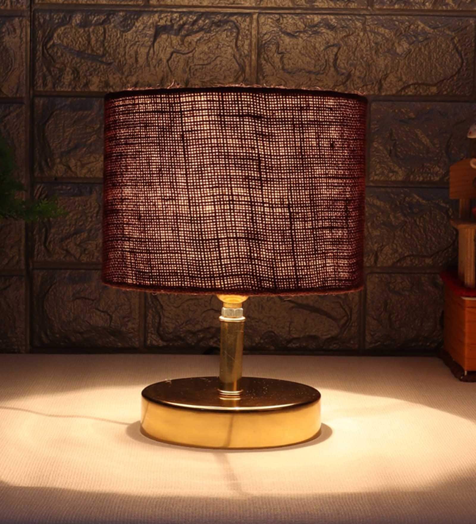 Hudson Brown Jute Shade Night Lamp With Metal Base